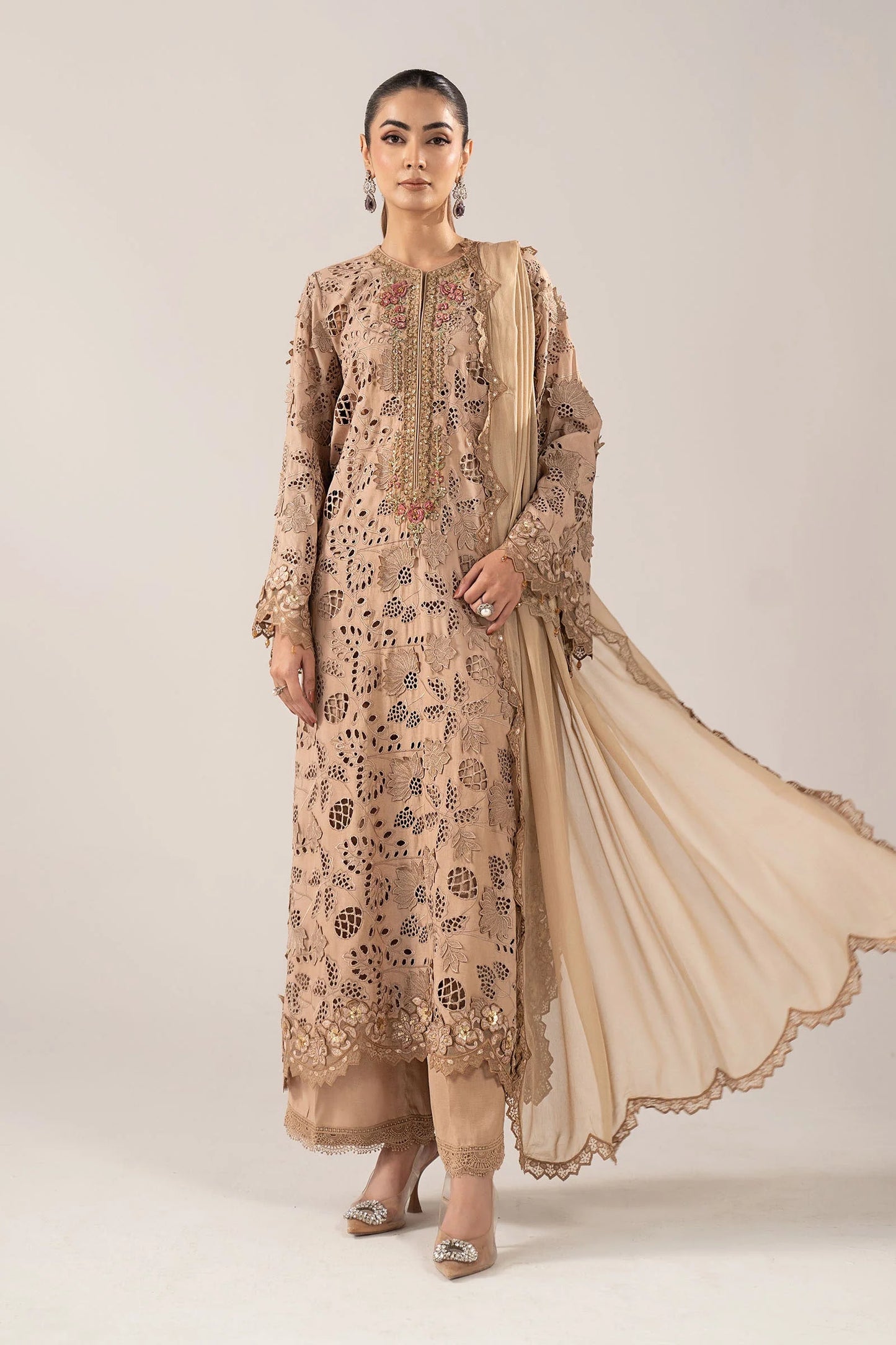SF-EF26-16-BEIGE | 3 Piece Embroidered Raw Silk Suit | MARIA.B