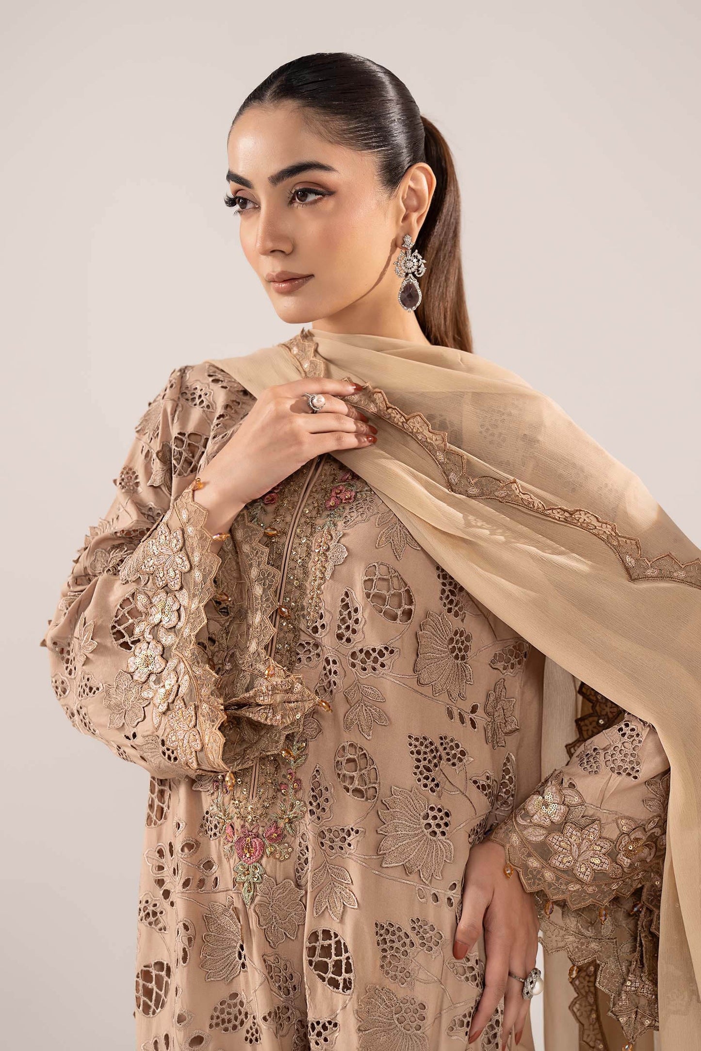 SF-EF26-16-BEIGE | 3 Piece Embroidered Raw Silk Suit | MARIA.B