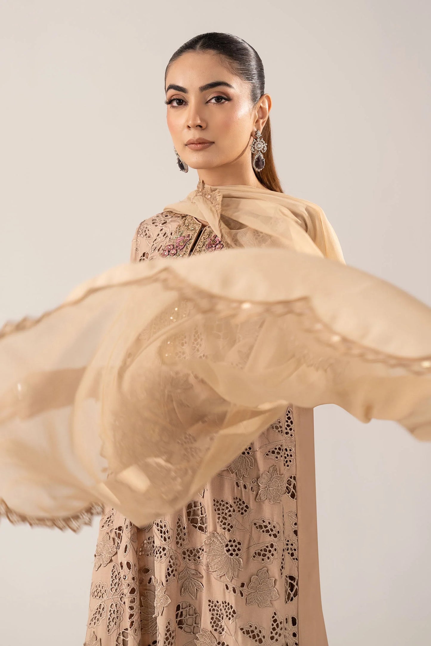 SF-EF26-16-BEIGE | 3 Piece Embroidered Raw Silk Suit | MARIA.B