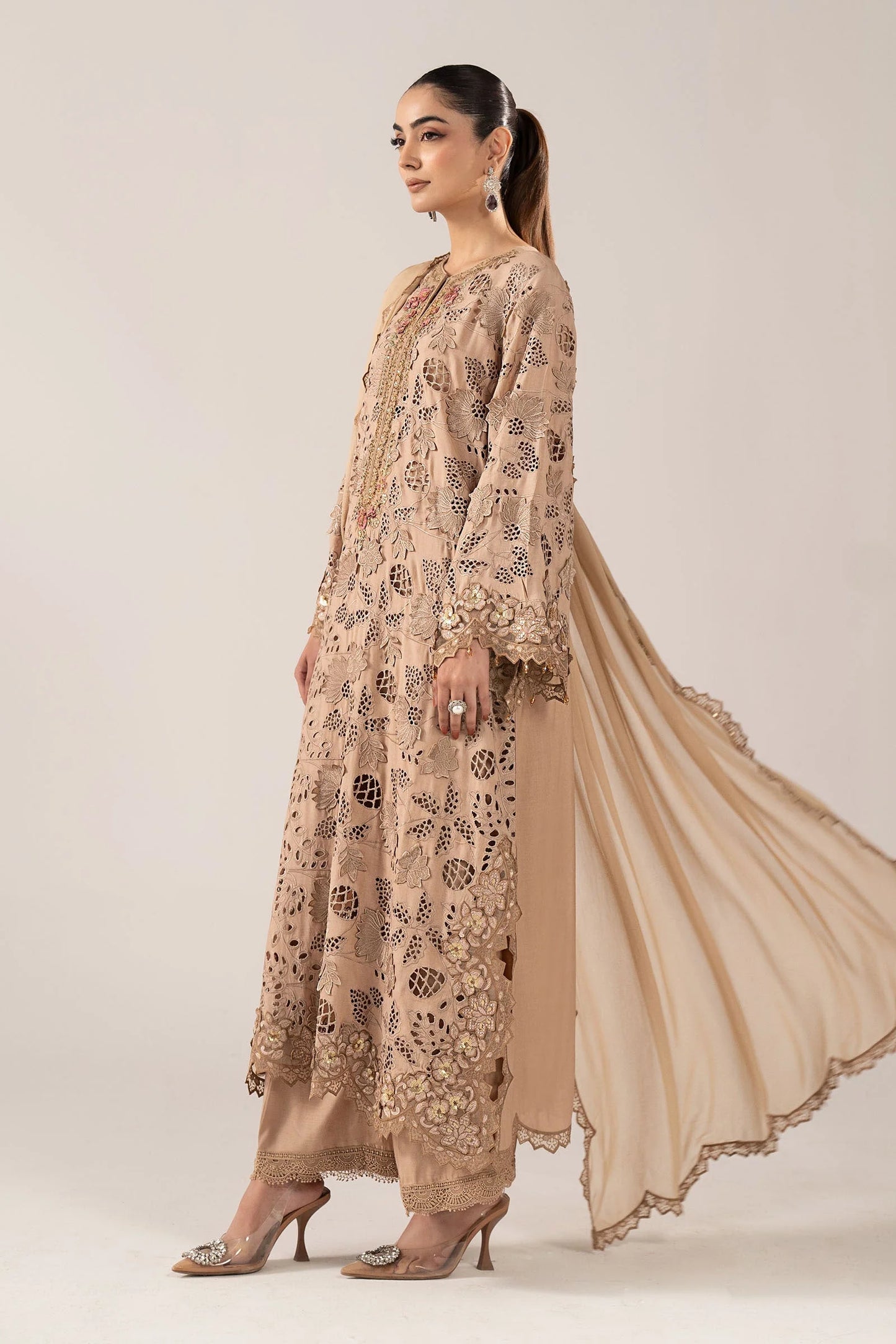 SF-EF26-16-BEIGE | 3 Piece Embroidered Raw Silk Suit | MARIA.B