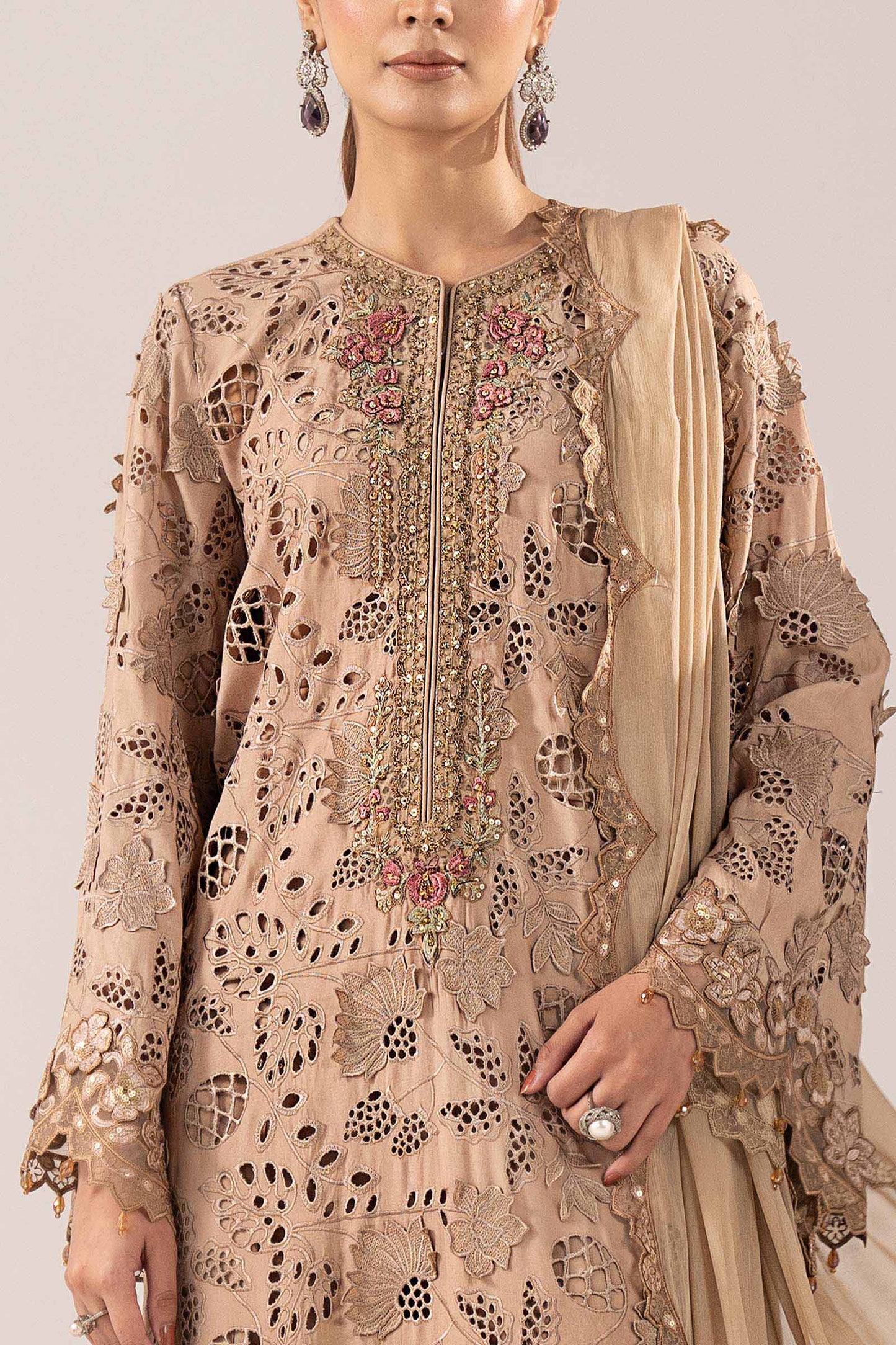 SF-EF26-16-BEIGE | 3 Piece Embroidered Raw Silk Suit | MARIA.B
