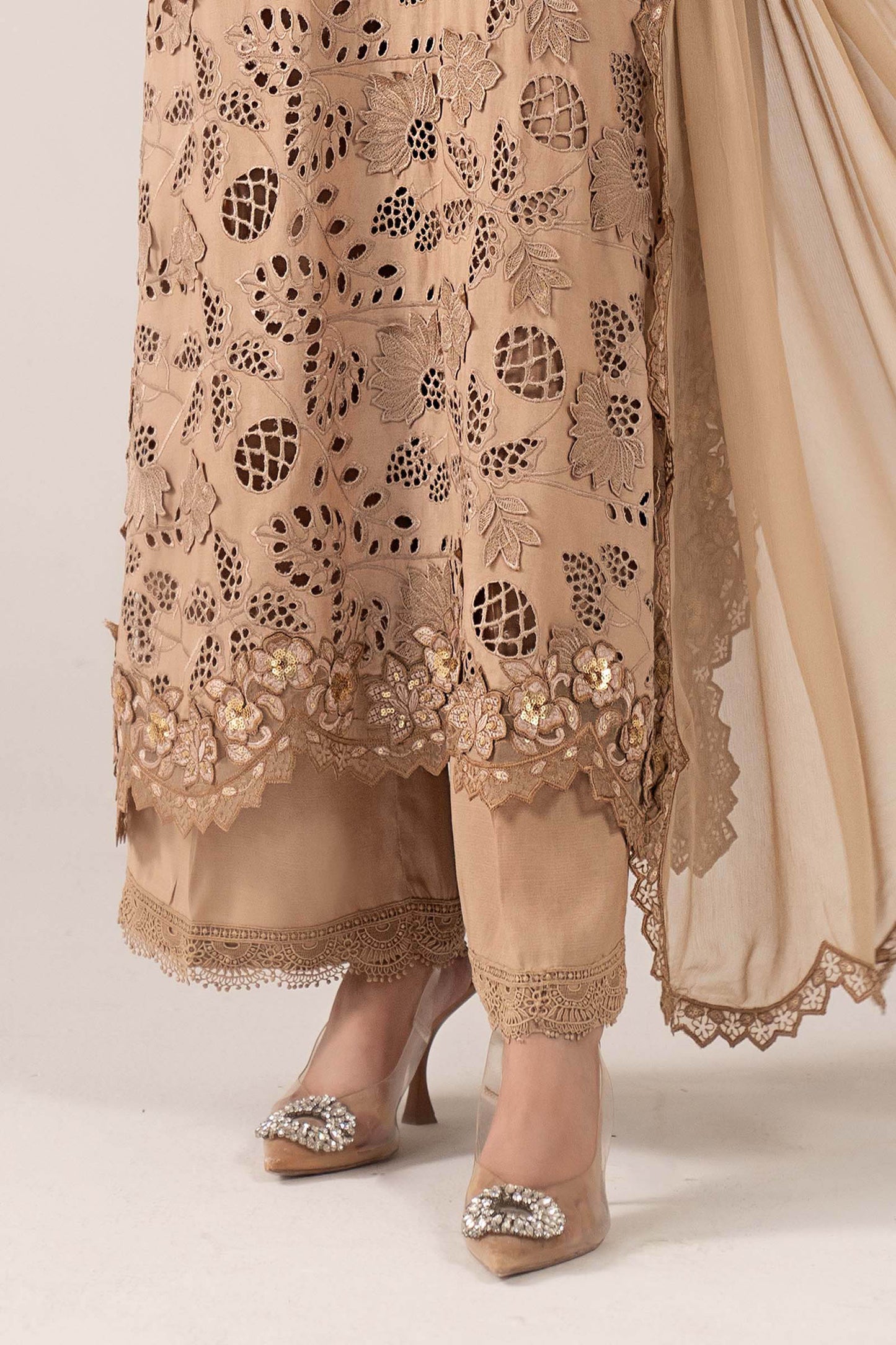 SF-EF26-16-BEIGE | 3 Piece Embroidered Raw Silk Suit | MARIA.B
