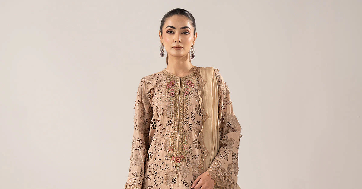 SF-EF26-16-BEIGE | 3 Piece Embroidered Raw Silk Suit | MARIA.B