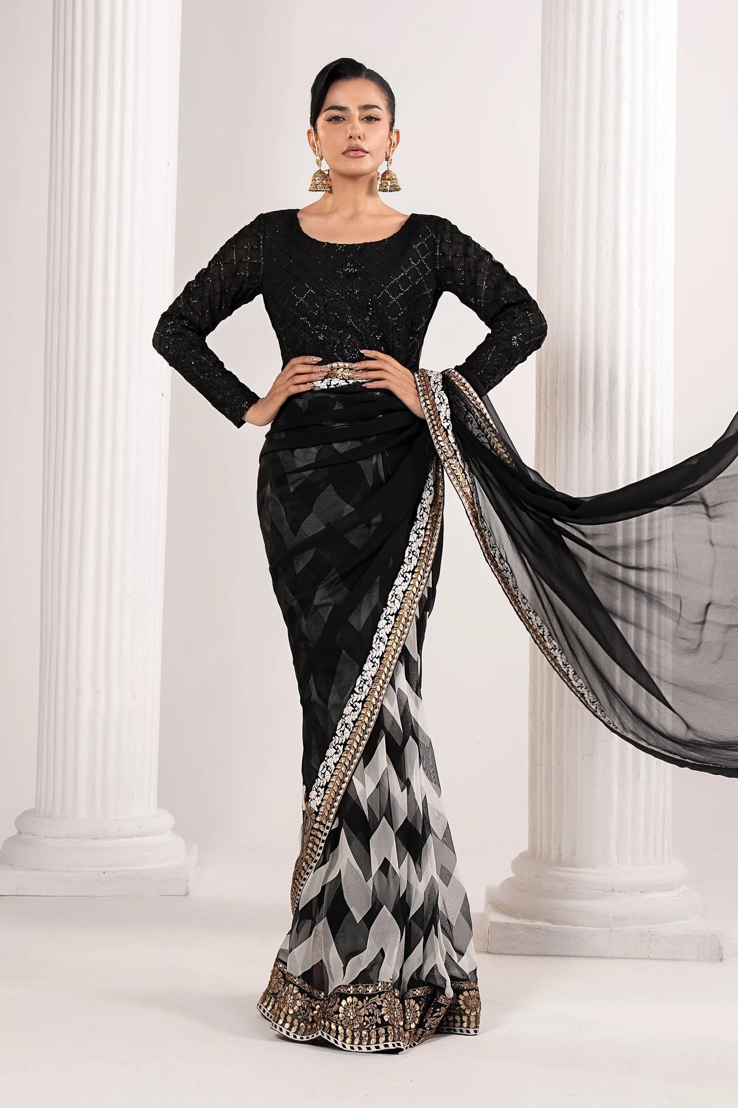 SF-EF26-74-Black | Embroidered Chiffon Saree | MARIA.B