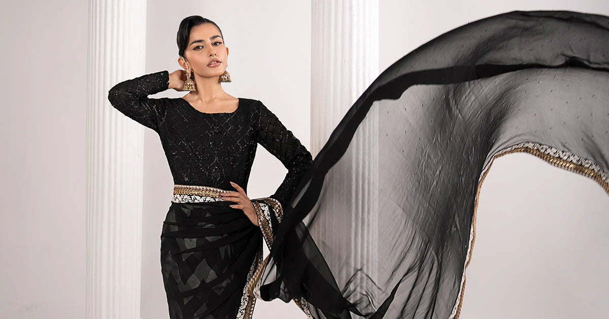 SF-EF26-74-Black | Embroidered Chiffon Saree | MARIA.B