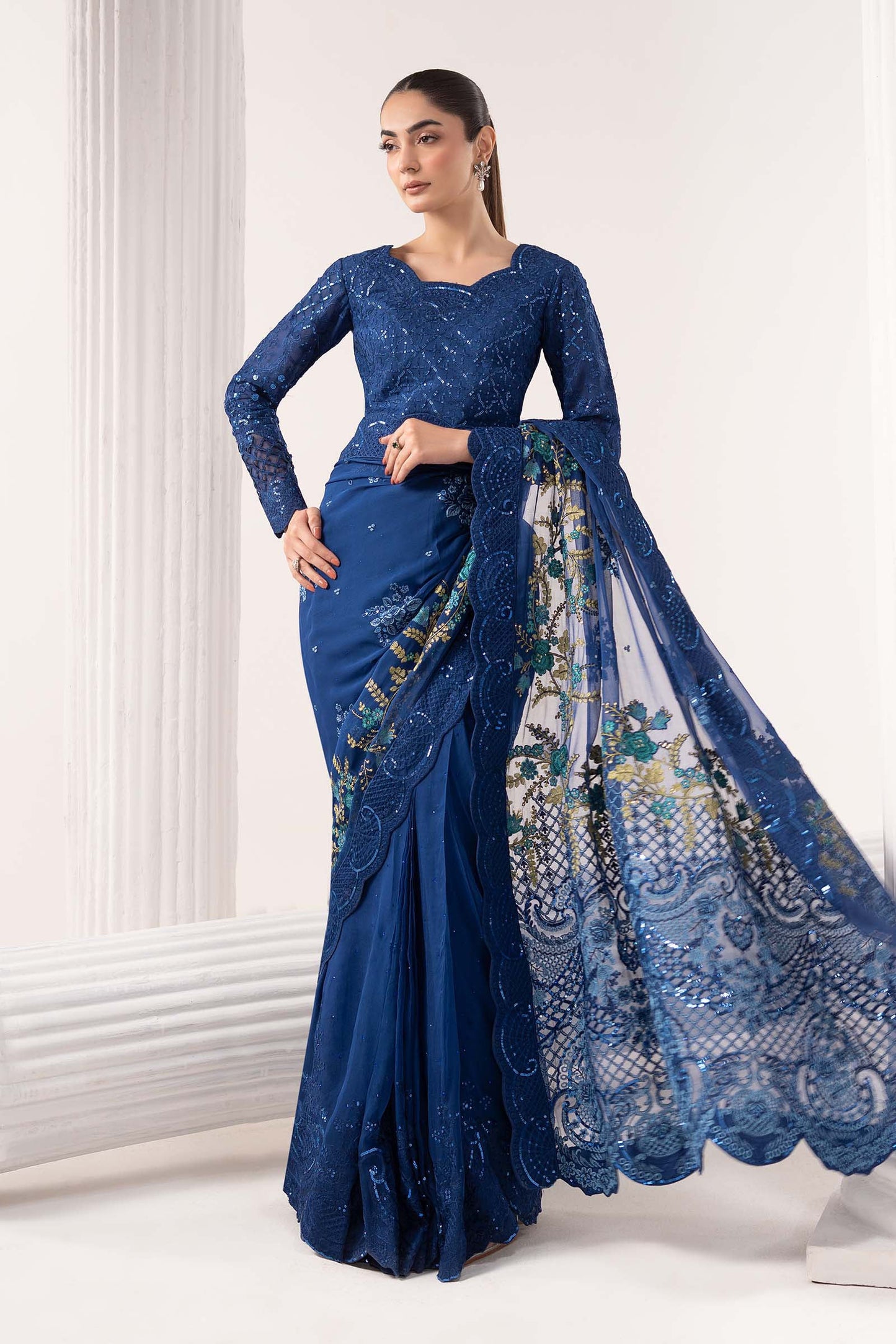 SF-EF26-69-Blue | Embroidered Chiffon Saree | MARIA.B