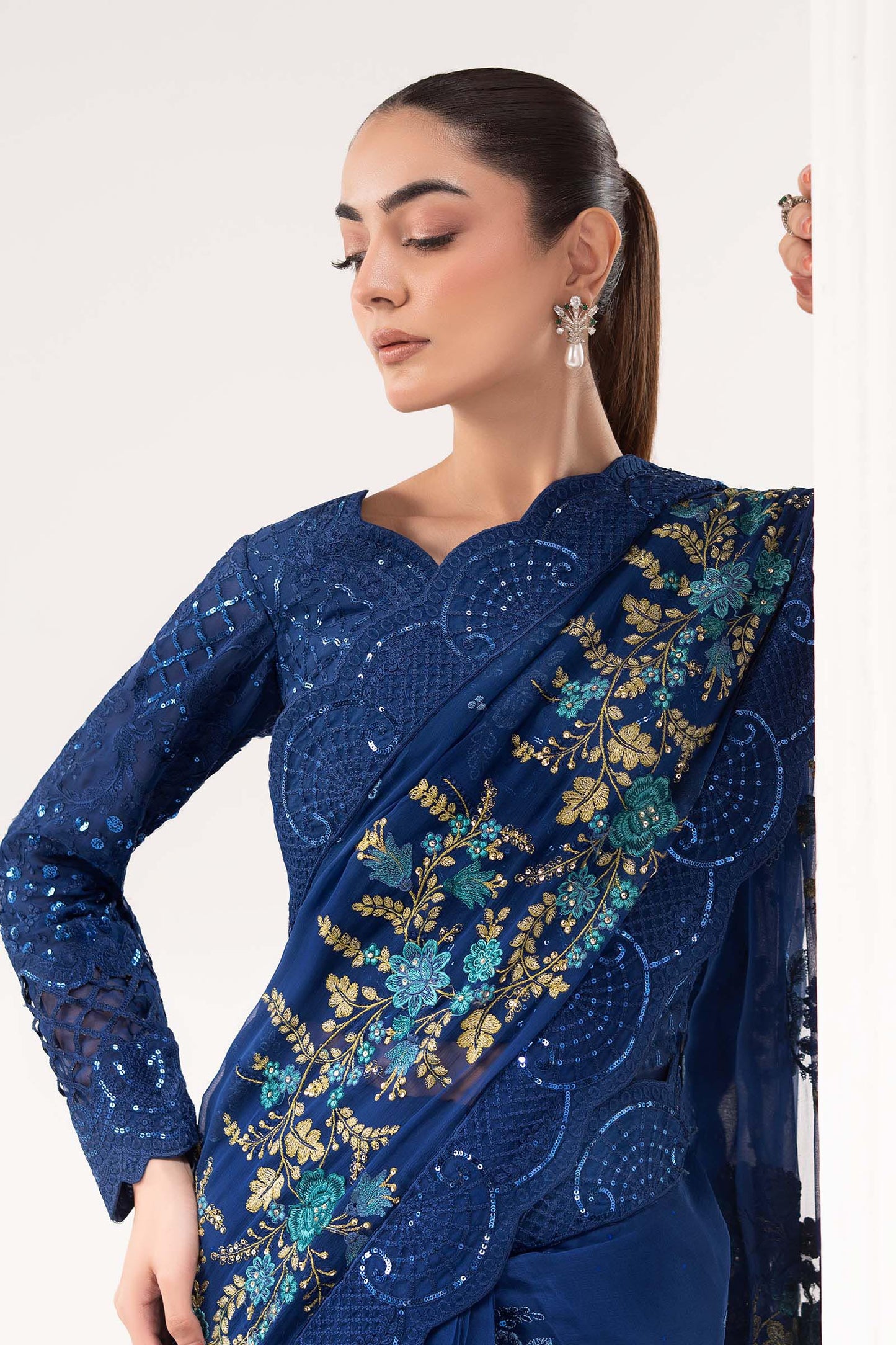 SF-EF26-69-Blue | Embroidered Chiffon Saree | MARIA.B