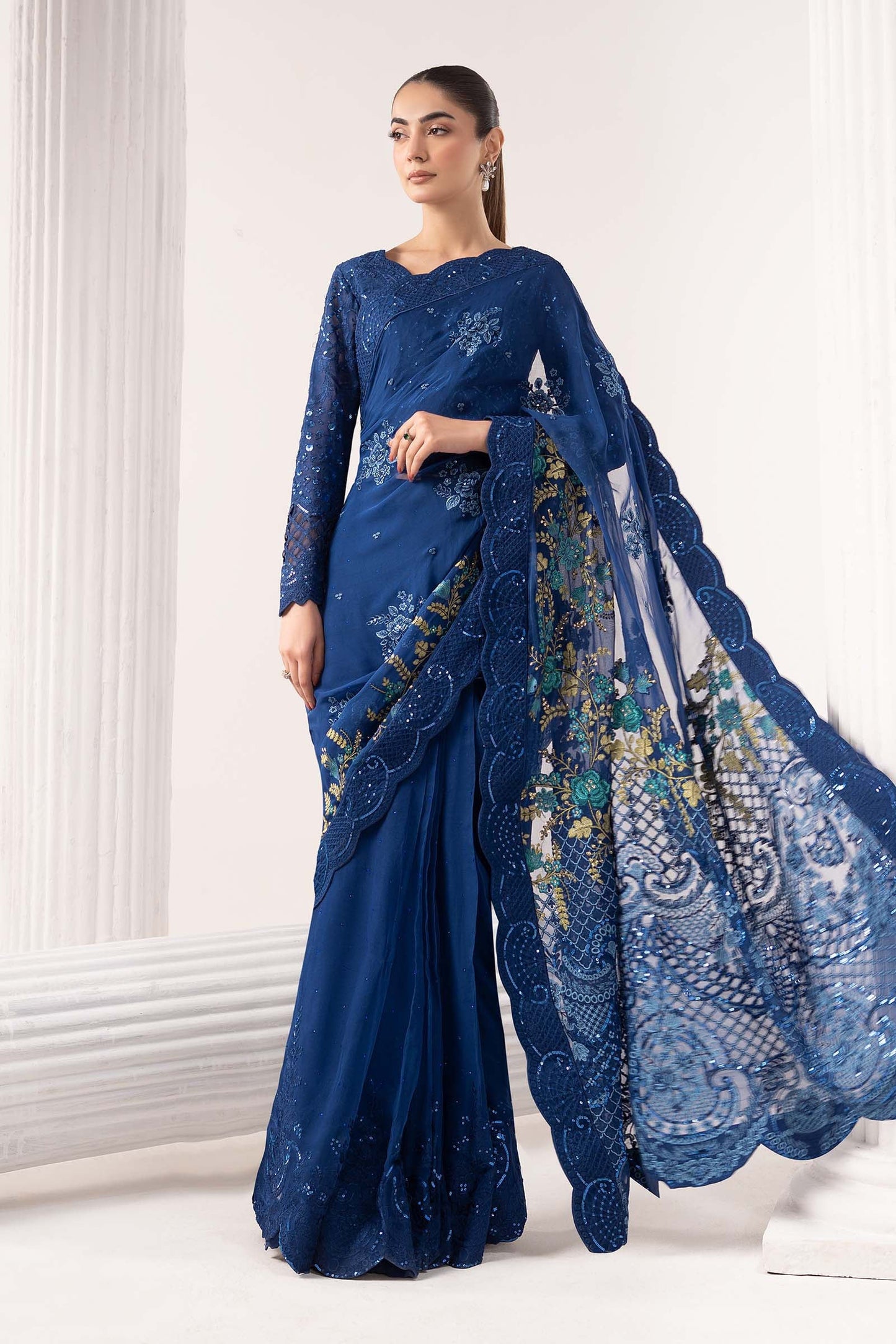 SF-EF26-69-Blue | Embroidered Chiffon Saree | MARIA.B