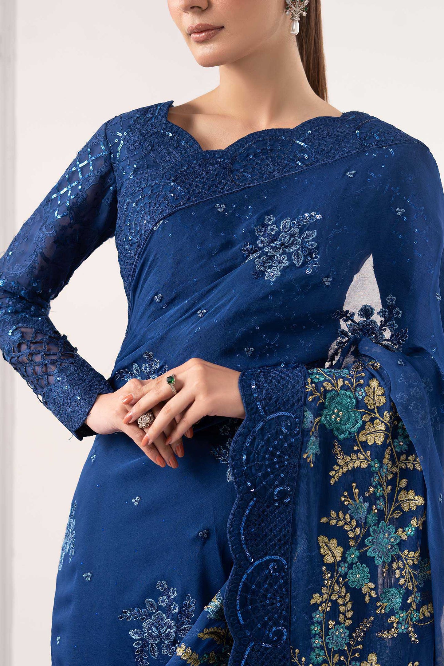 SF-EF26-69-Blue | Embroidered Chiffon Saree | MARIA.B