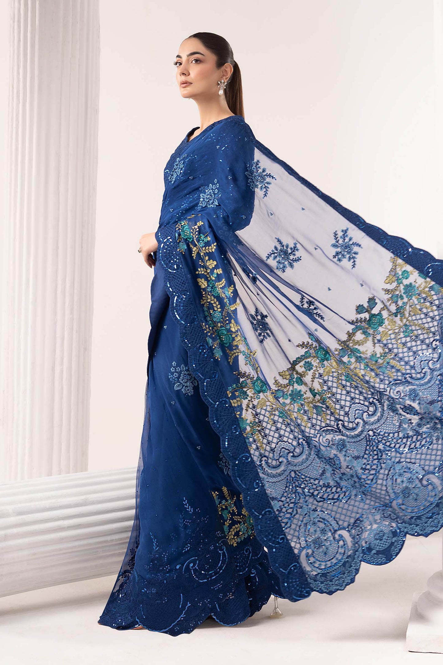 SF-EF26-69-Blue | Embroidered Chiffon Saree | MARIA.B