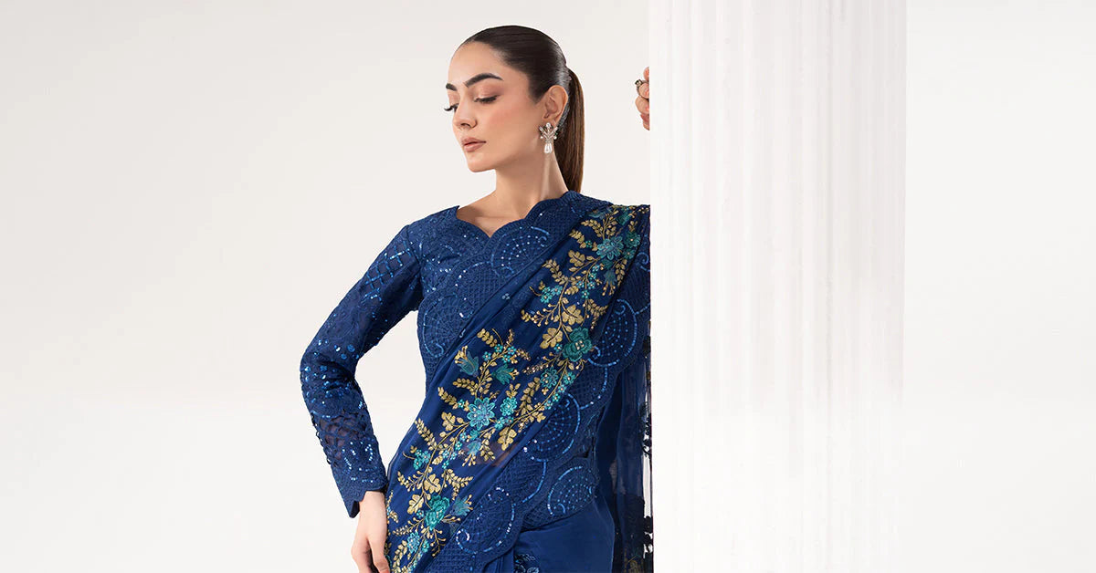 SF-EF26-69-Blue | Embroidered Chiffon Saree | MARIA.B