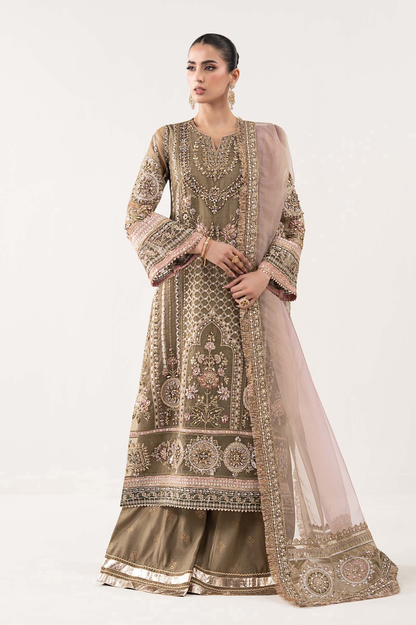 SF-EF26-10-Coffee | 3 Piece Embroidered Organza Suit | MARIA.B