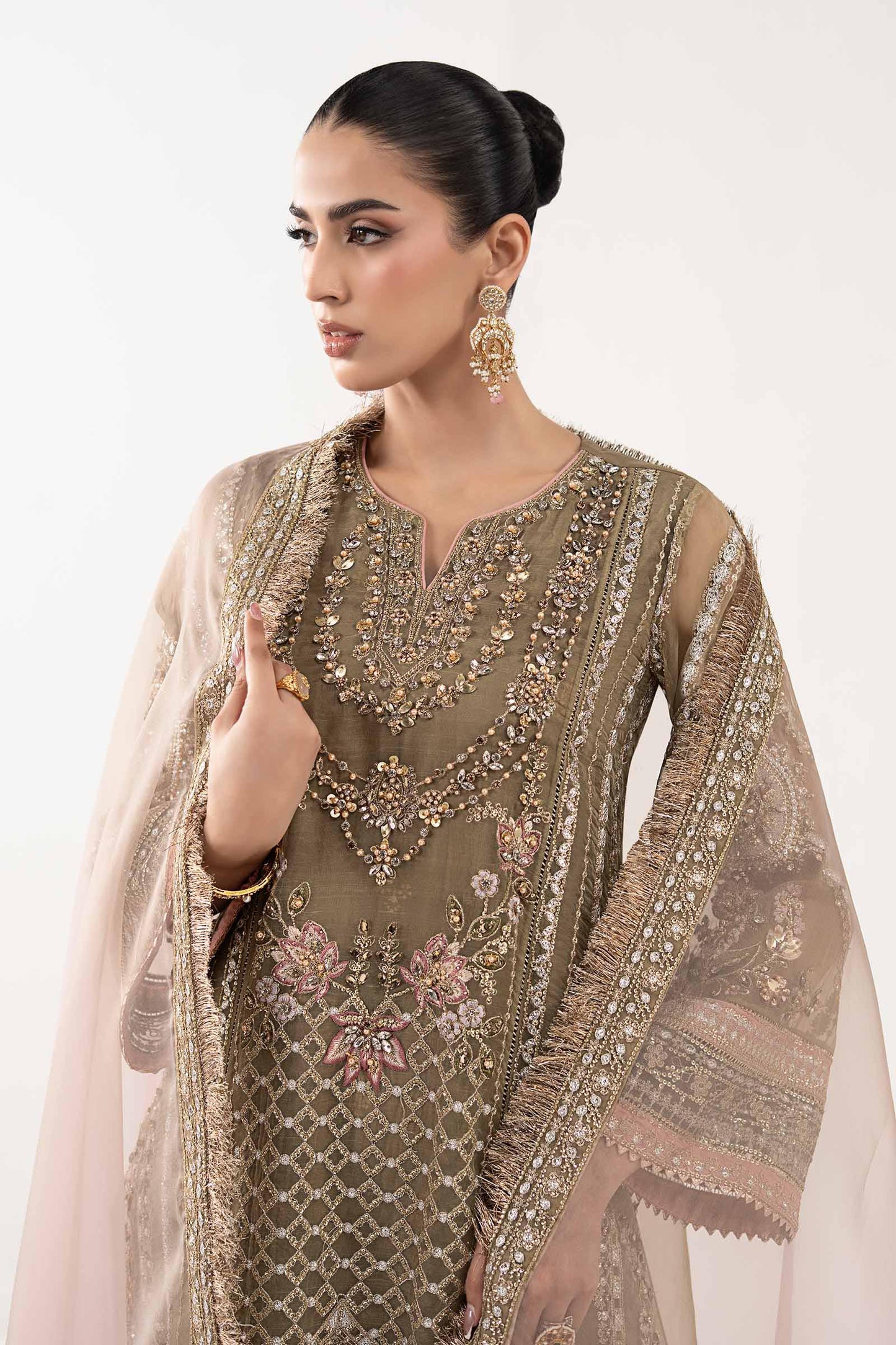 SF-EF26-10-Coffee | 3 Piece Embroidered Organza Suit | MARIA.B