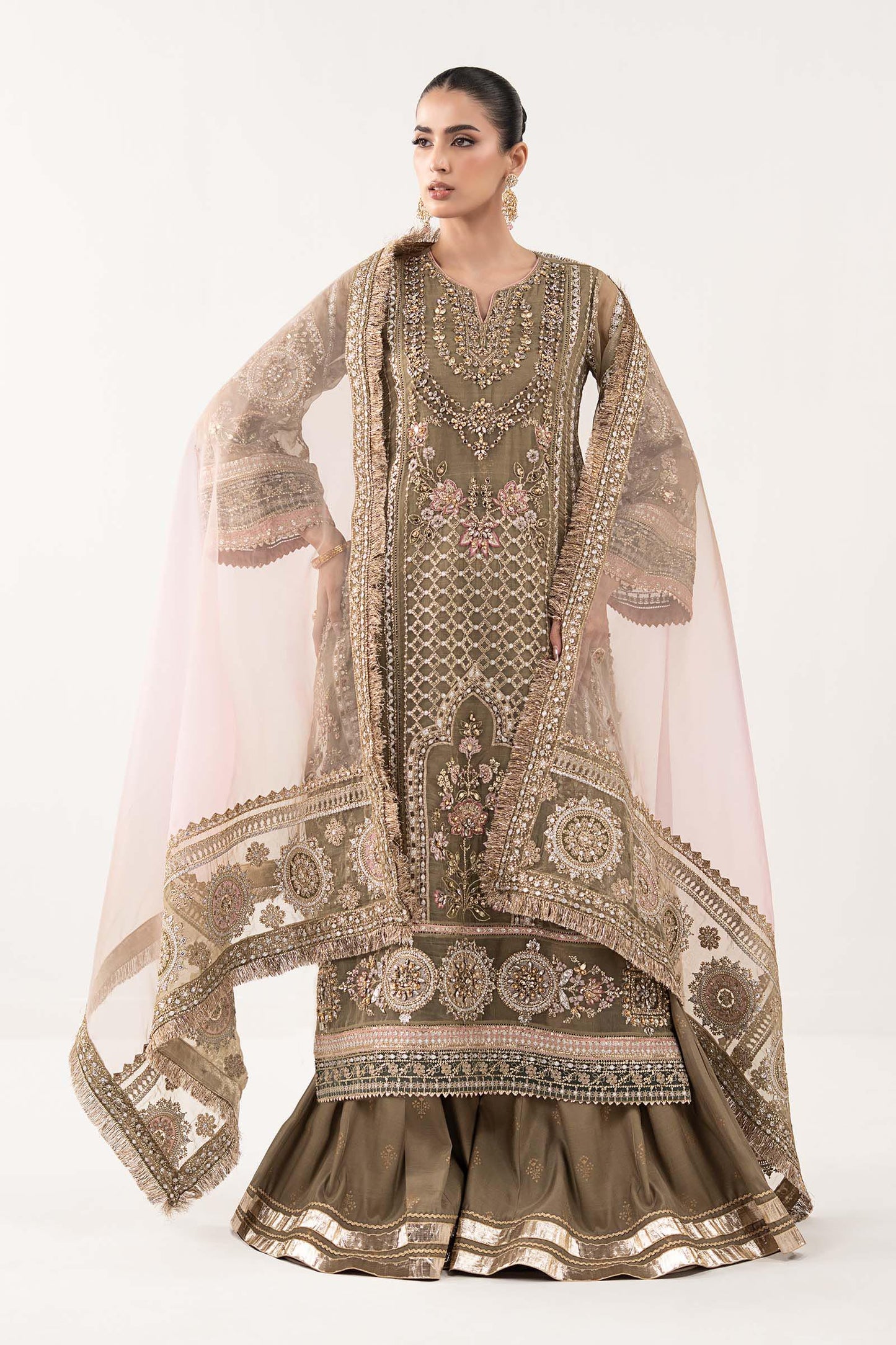 SF-EF26-10-Coffee | 3 Piece Embroidered Organza Suit | MARIA.B