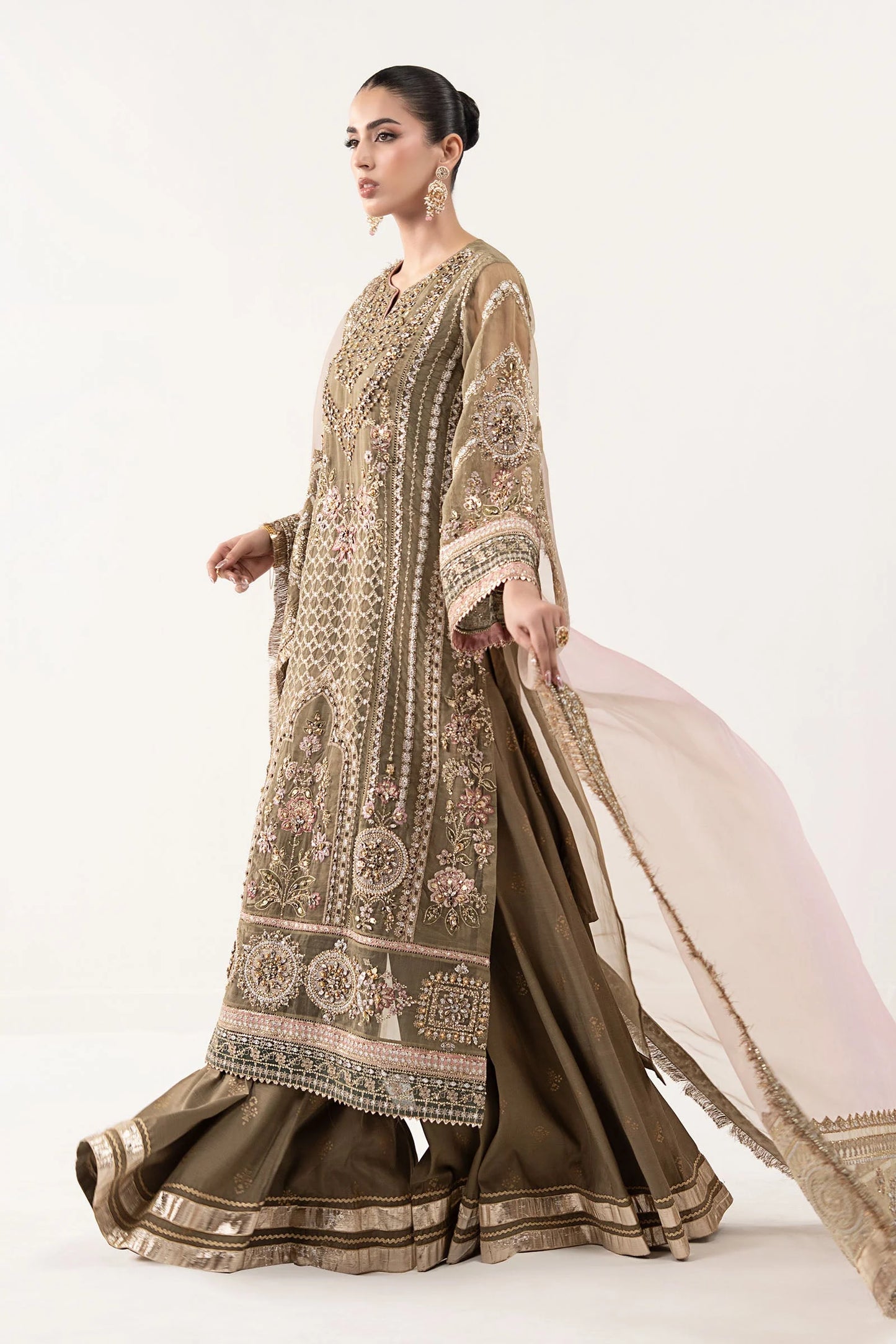 SF-EF26-10-Coffee | 3 Piece Embroidered Organza Suit | MARIA.B
