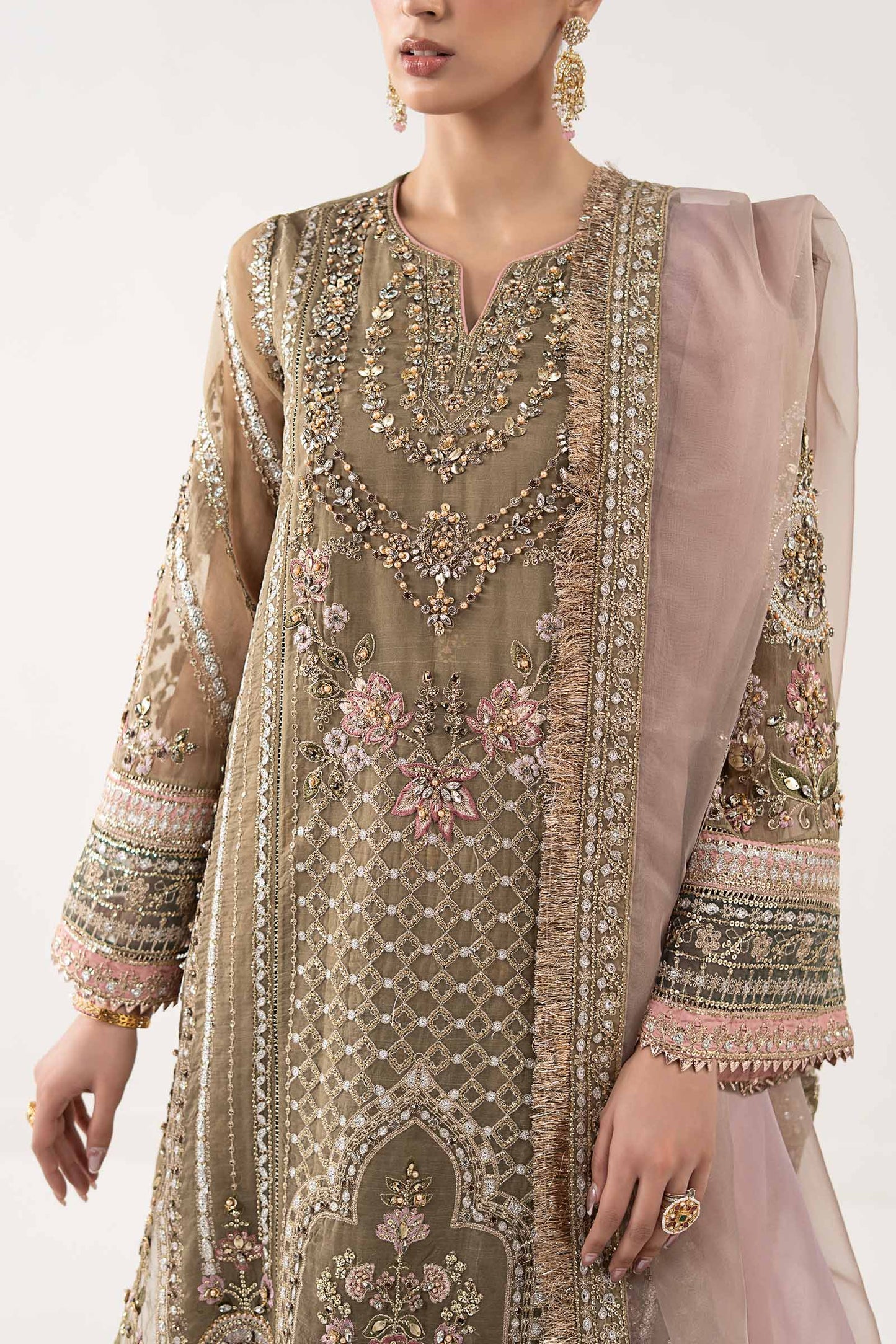 SF-EF26-10-Coffee | 3 Piece Embroidered Organza Suit | MARIA.B