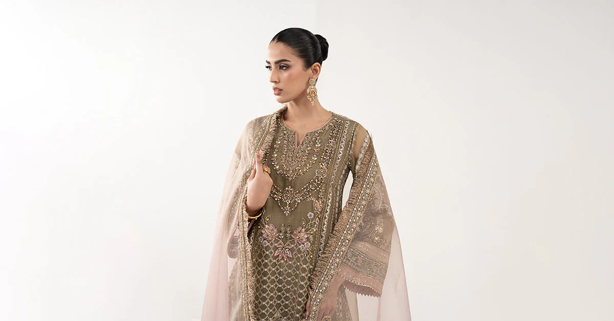 SF-EF26-10-Coffee | 3 Piece Embroidered Organza Suit | MARIA.B