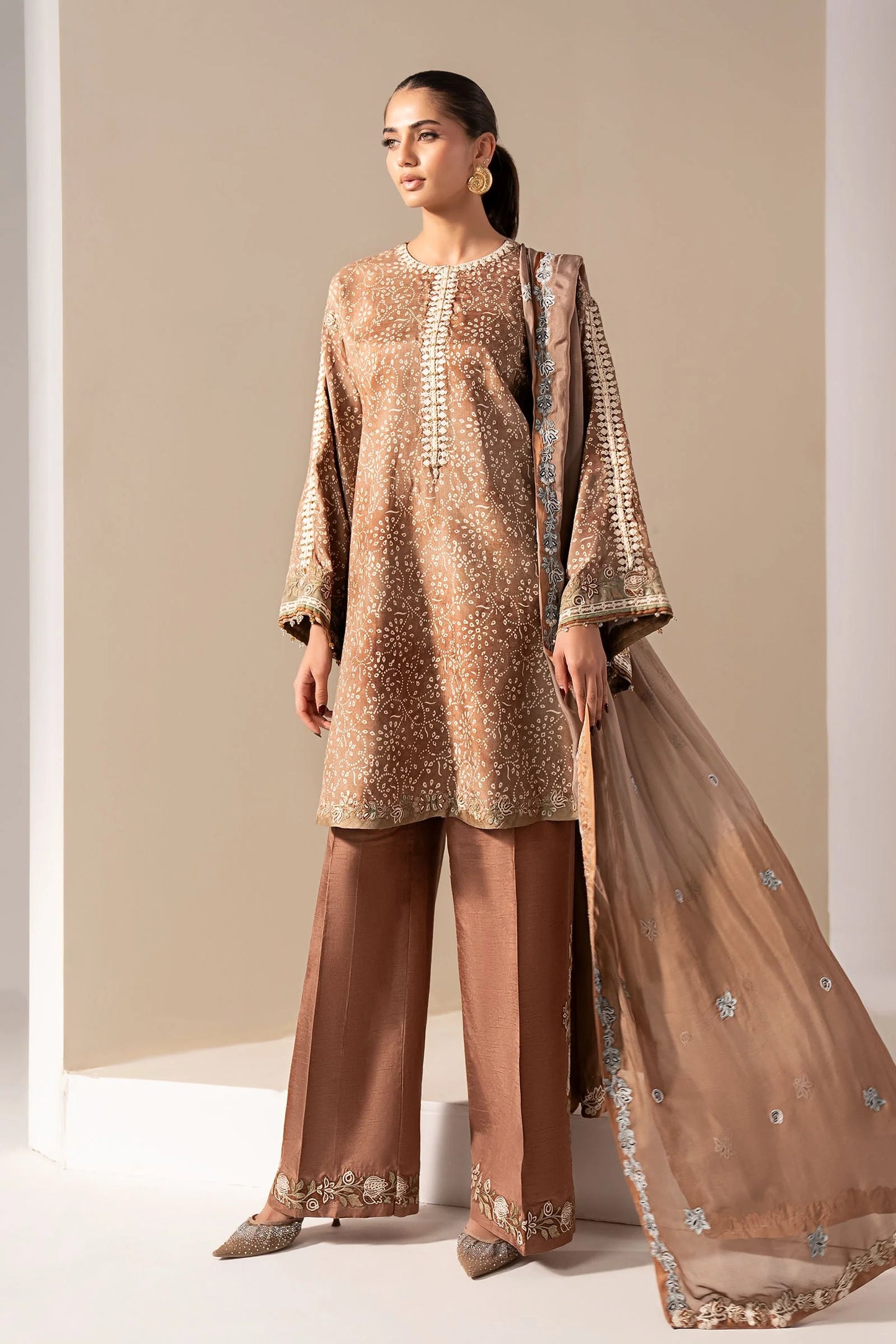 MST-EF26-18-Brown | 3 Piece Embroidered Silk Suit | MARIA.B