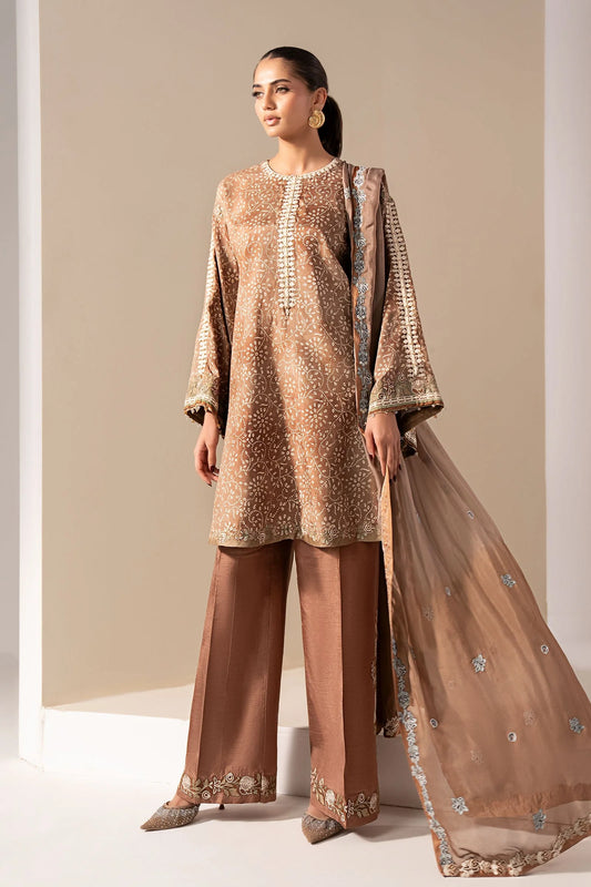 MST-EF26-18-Brown | 3 Piece Embroidered Silk Suit | MARIA.B