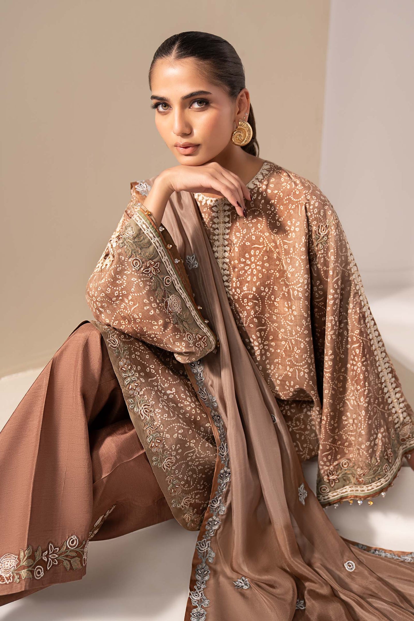 MST-EF26-18-Brown | 3 Piece Embroidered Silk Suit | MARIA.B