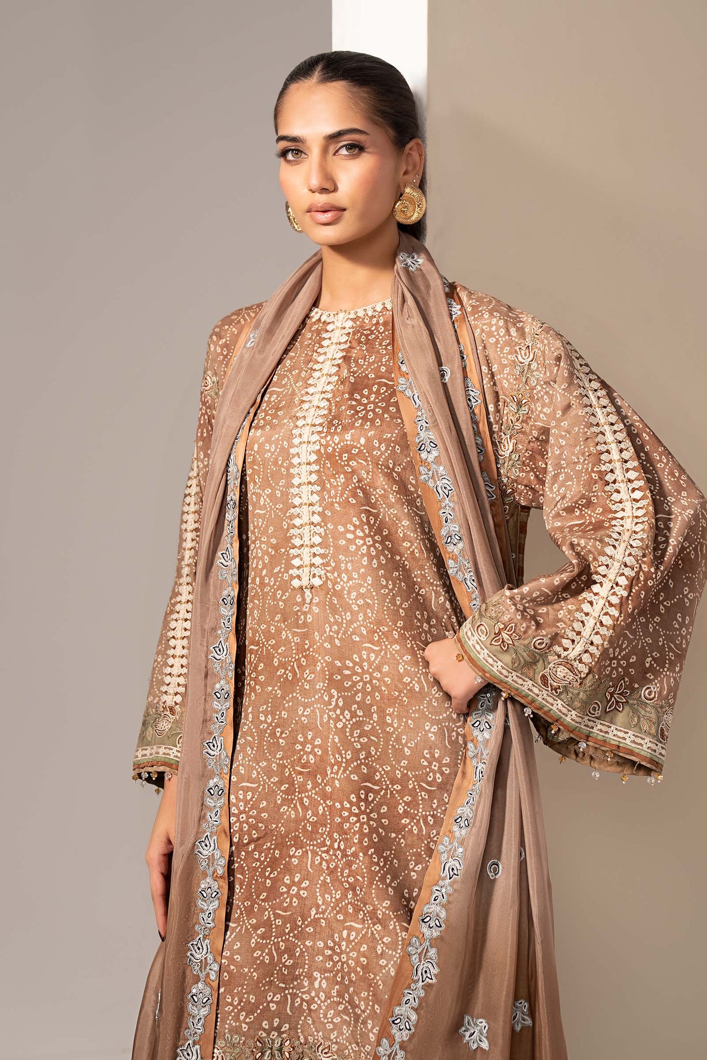 MST-EF26-18-Brown | 3 Piece Embroidered Silk Suit | MARIA.B