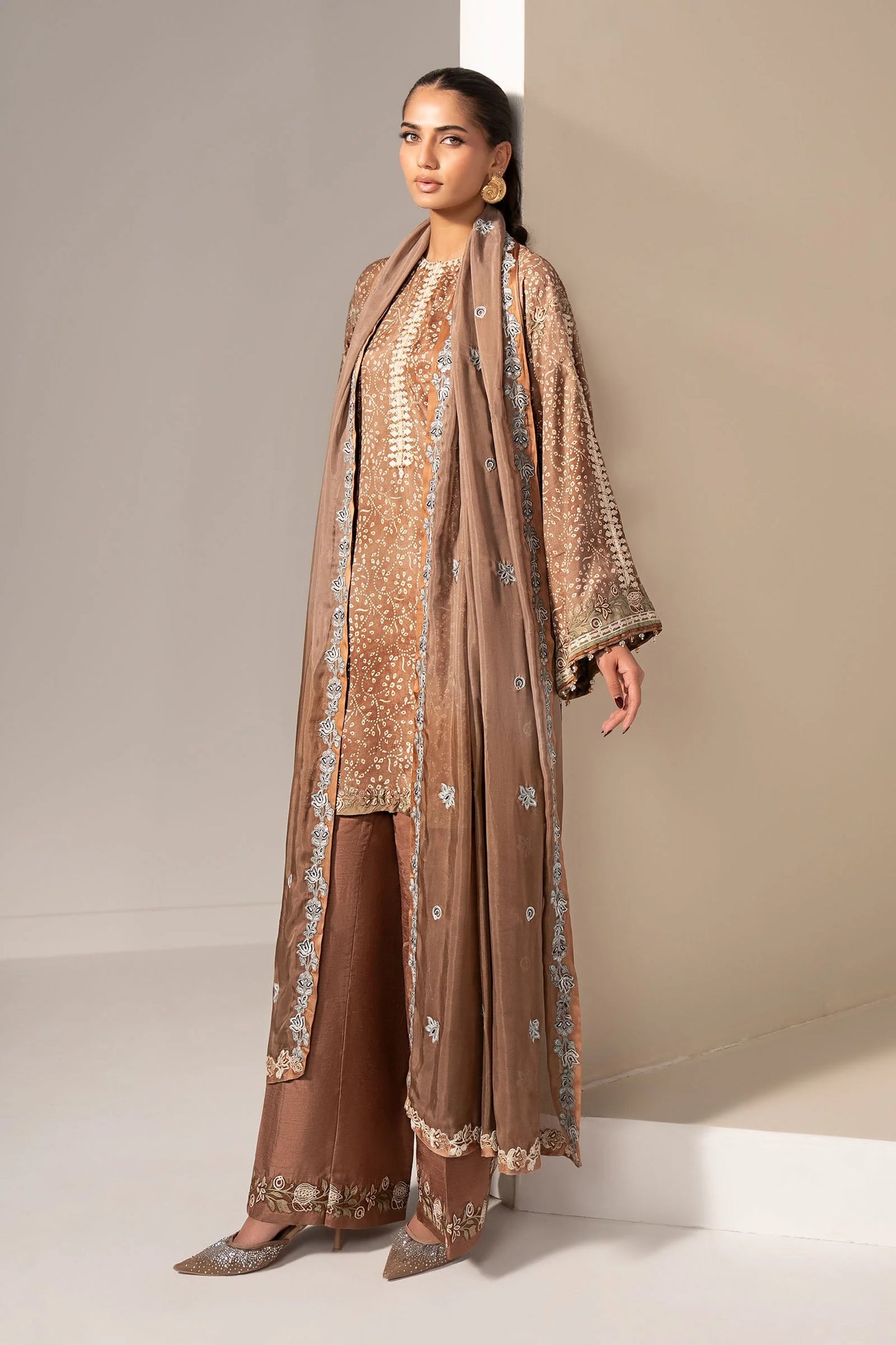 MST-EF26-18-Brown | 3 Piece Embroidered Silk Suit | MARIA.B