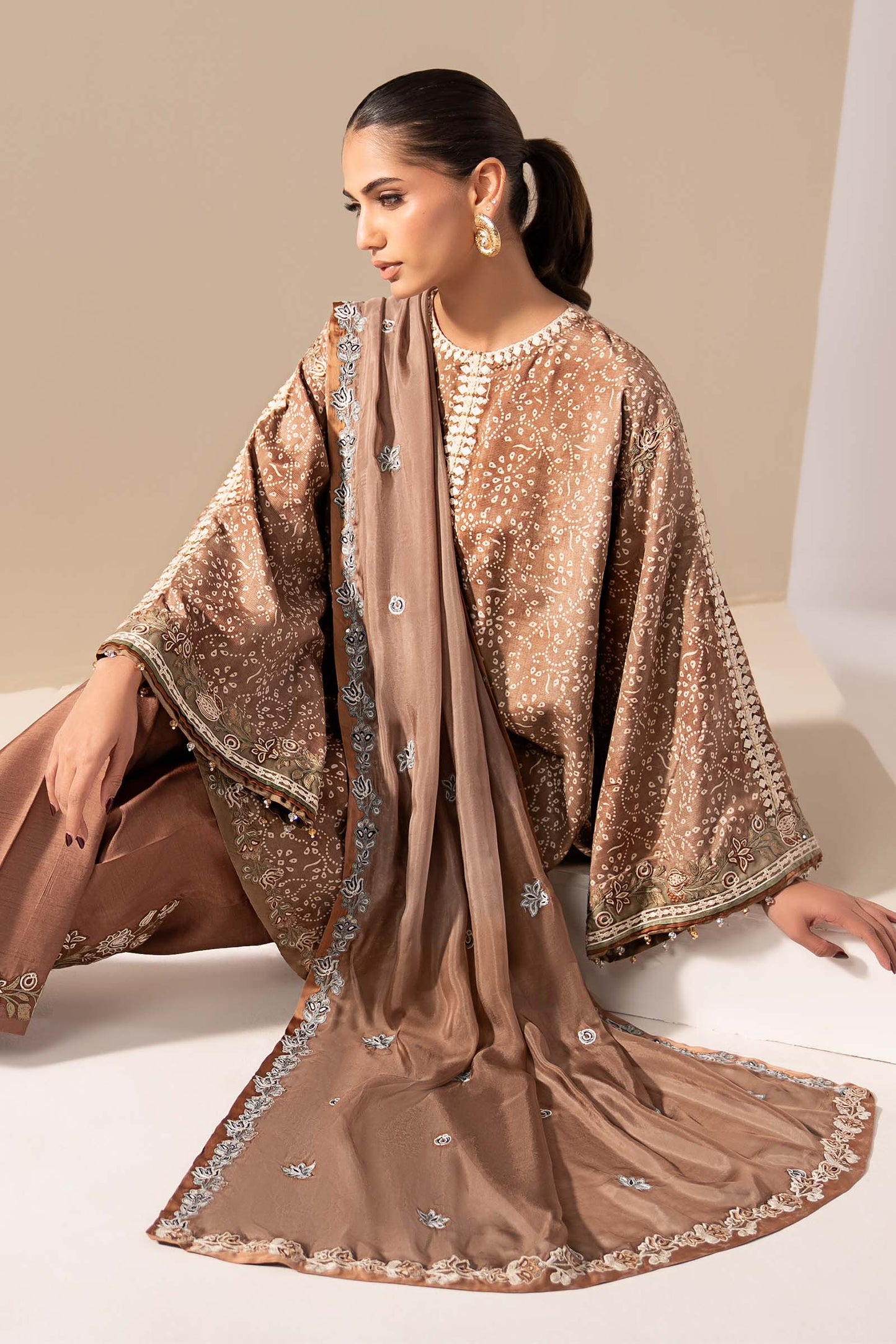 MST-EF26-18-Brown | 3 Piece Embroidered Silk Suit | MARIA.B
