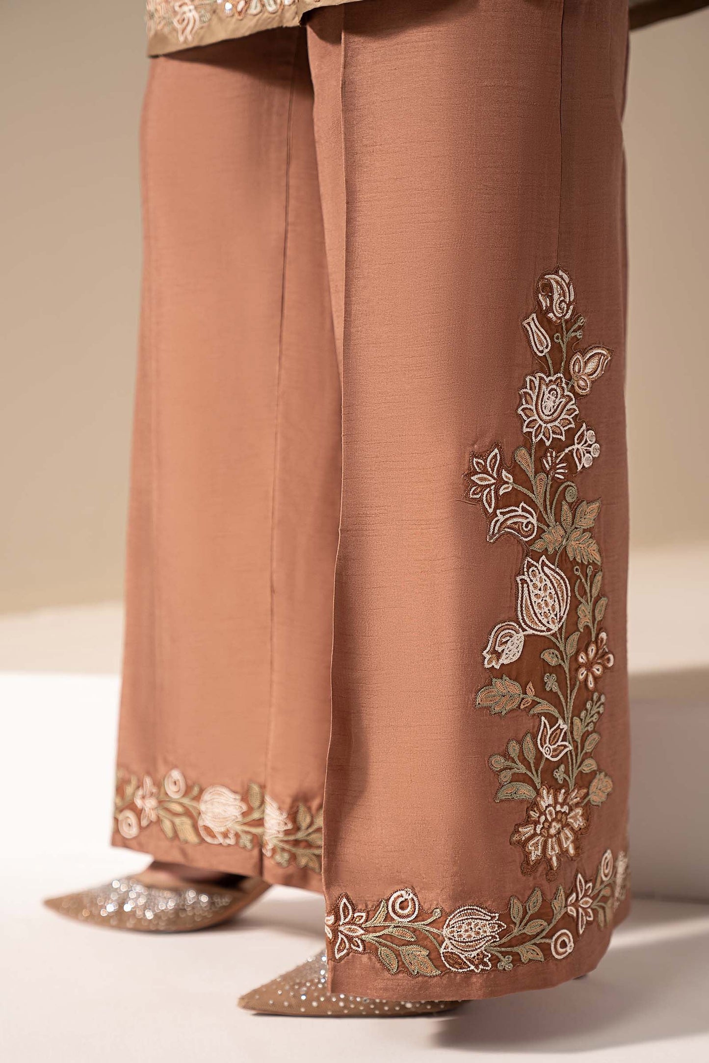 MST-EF26-18-Brown | 3 Piece Embroidered Silk Suit | MARIA.B