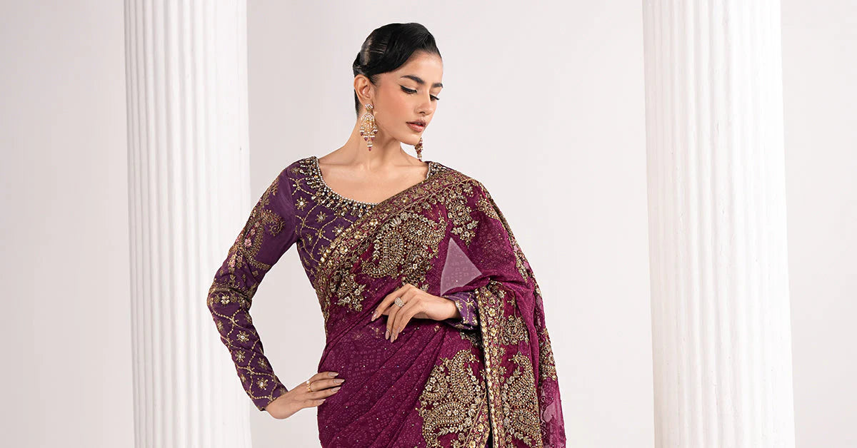 SF-EF26-67-Purple | Embroidered Chiffon Saree | MARIA.B