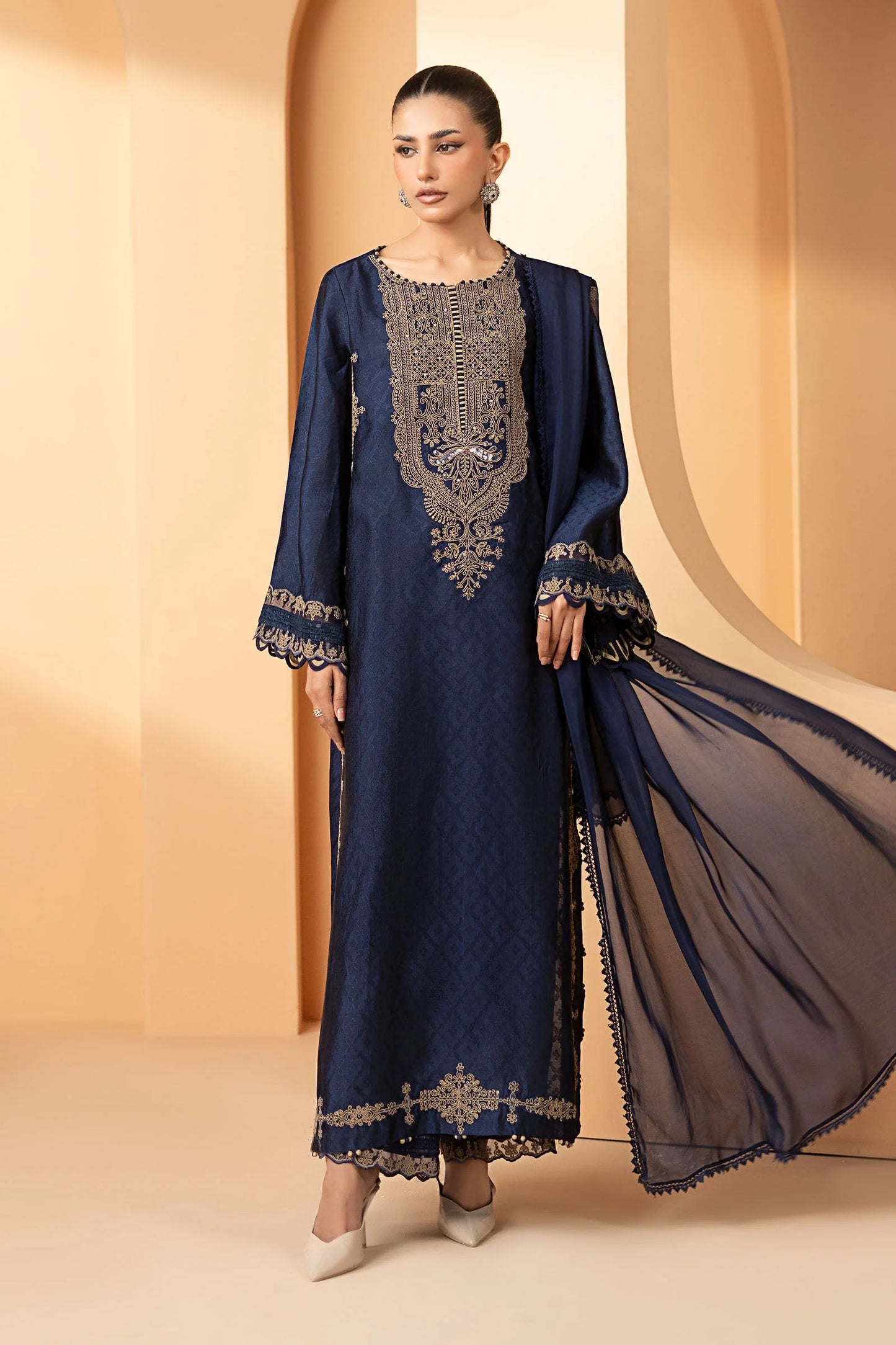 MST-EF26-11-Blue | 3 Piece Embroidered Self Tassel Silk Suit | MARIA.B
