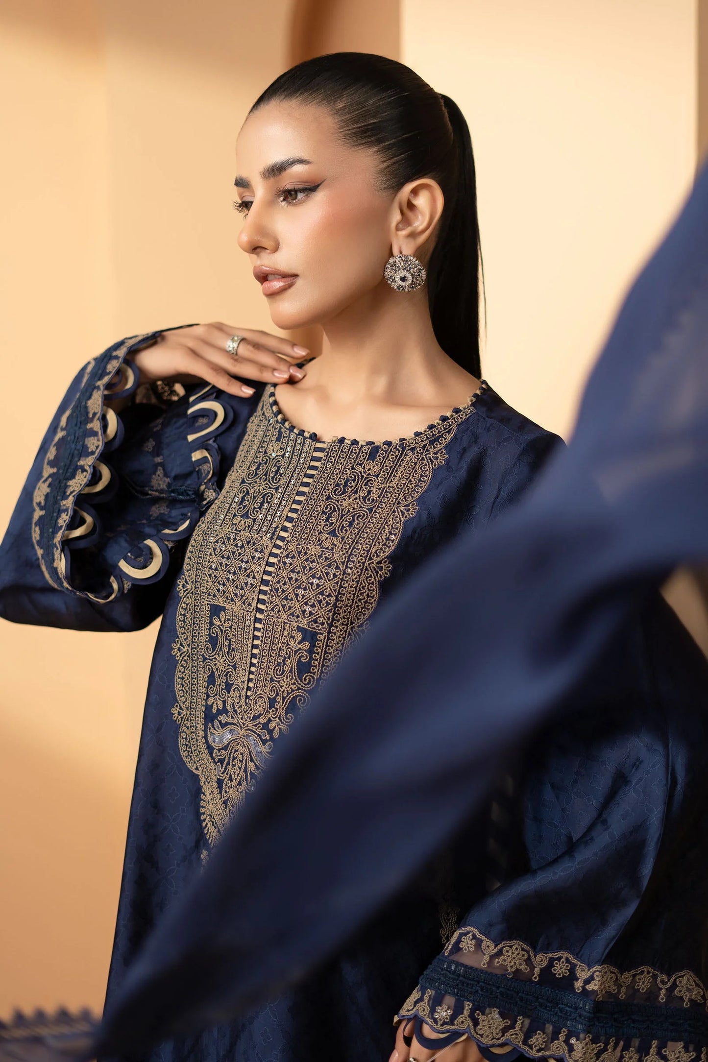 MST-EF26-11-Blue | 3 Piece Embroidered Self Tassel Silk Suit | MARIA.B