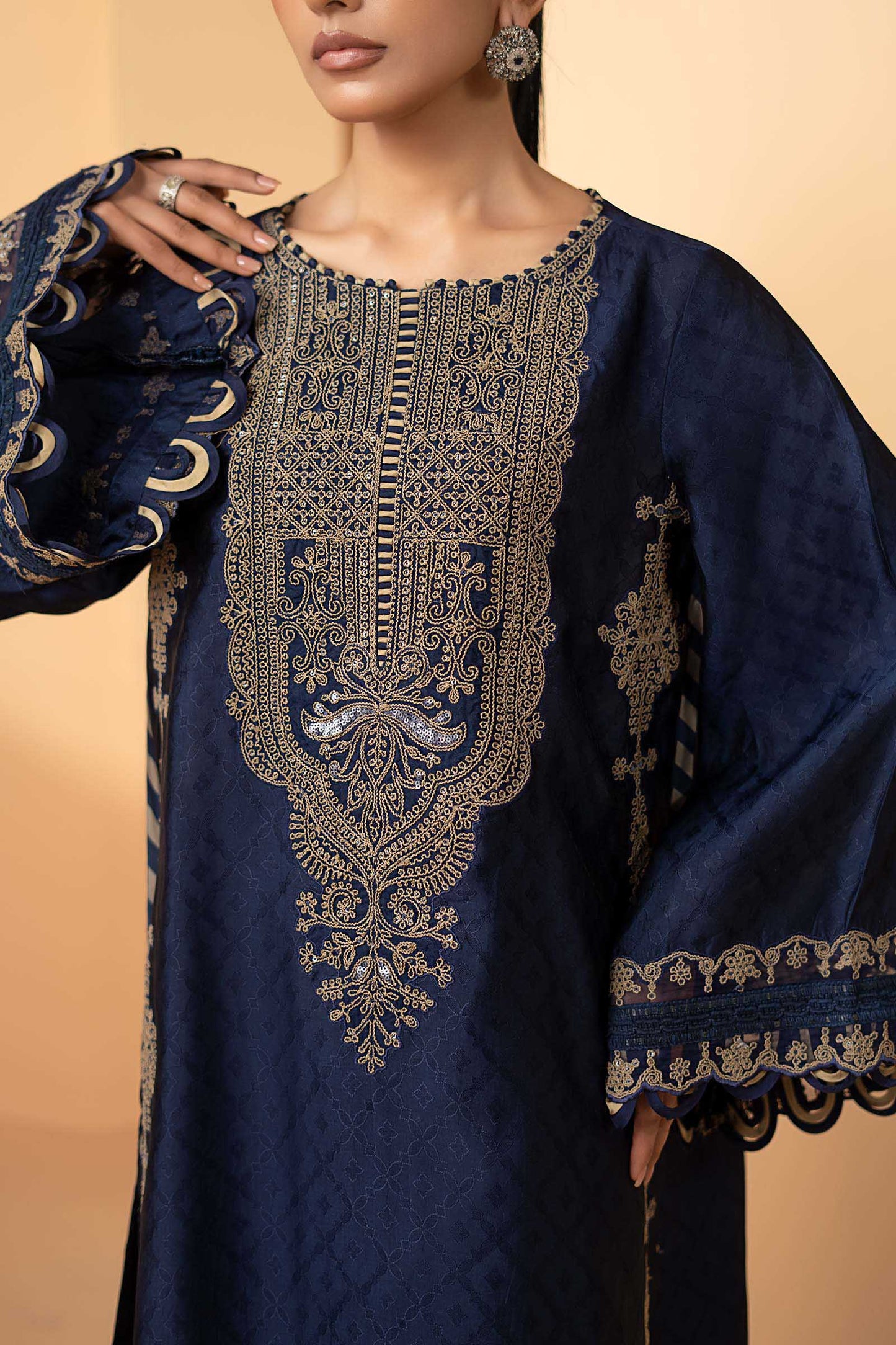 MST-EF26-11-Blue | 3 Piece Embroidered Self Tassel Silk Suit | MARIA.B