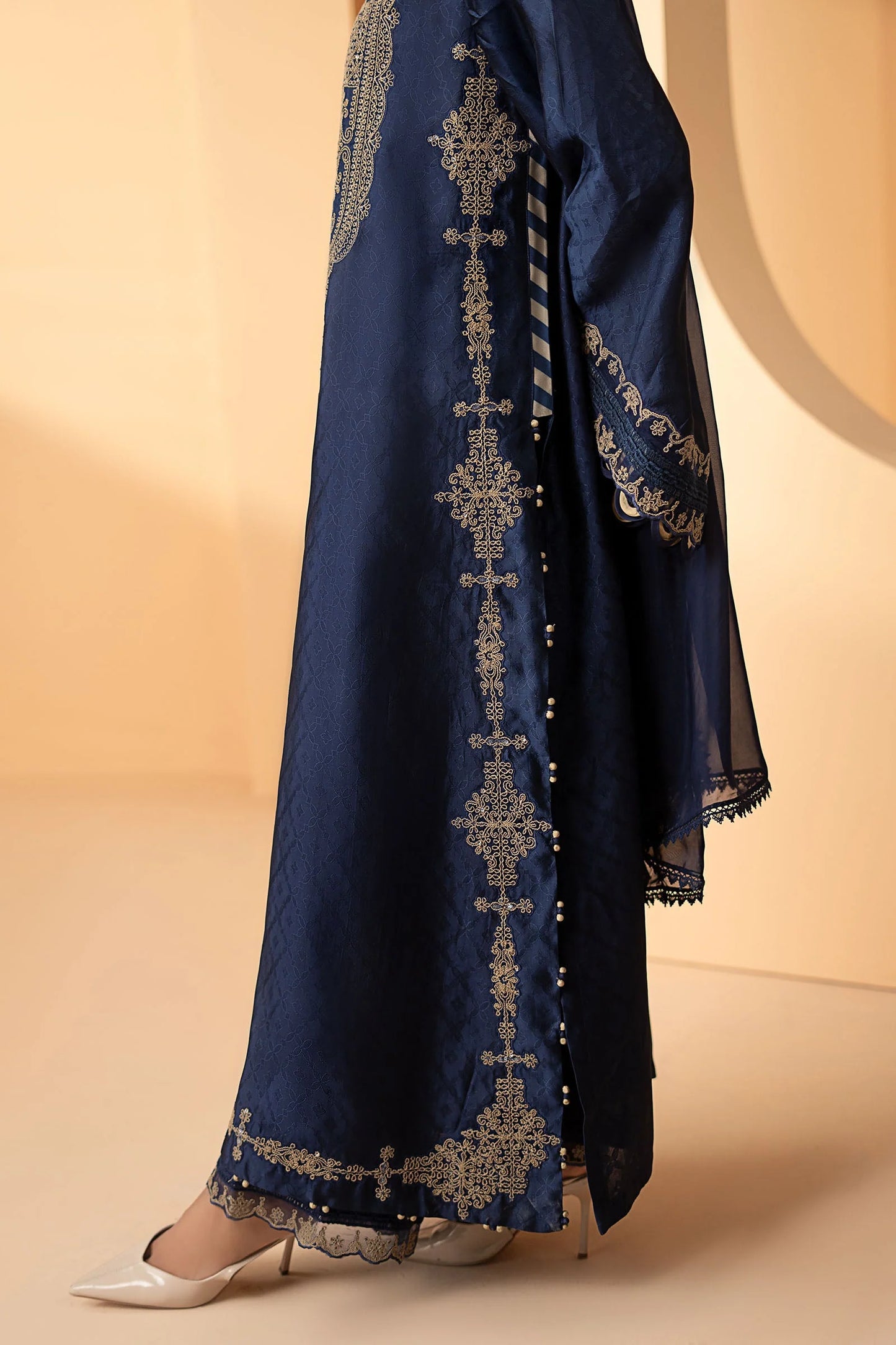 MST-EF26-11-Blue | 3 Piece Embroidered Self Tassel Silk Suit | MARIA.B