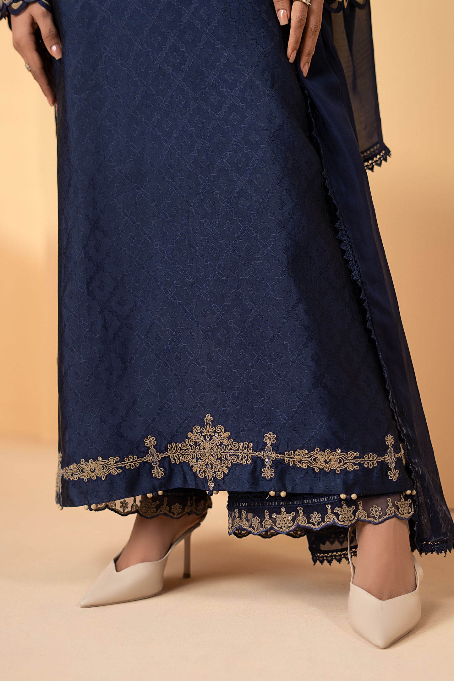 MST-EF26-11-Blue | 3 Piece Embroidered Self Tassel Silk Suit | MARIA.B