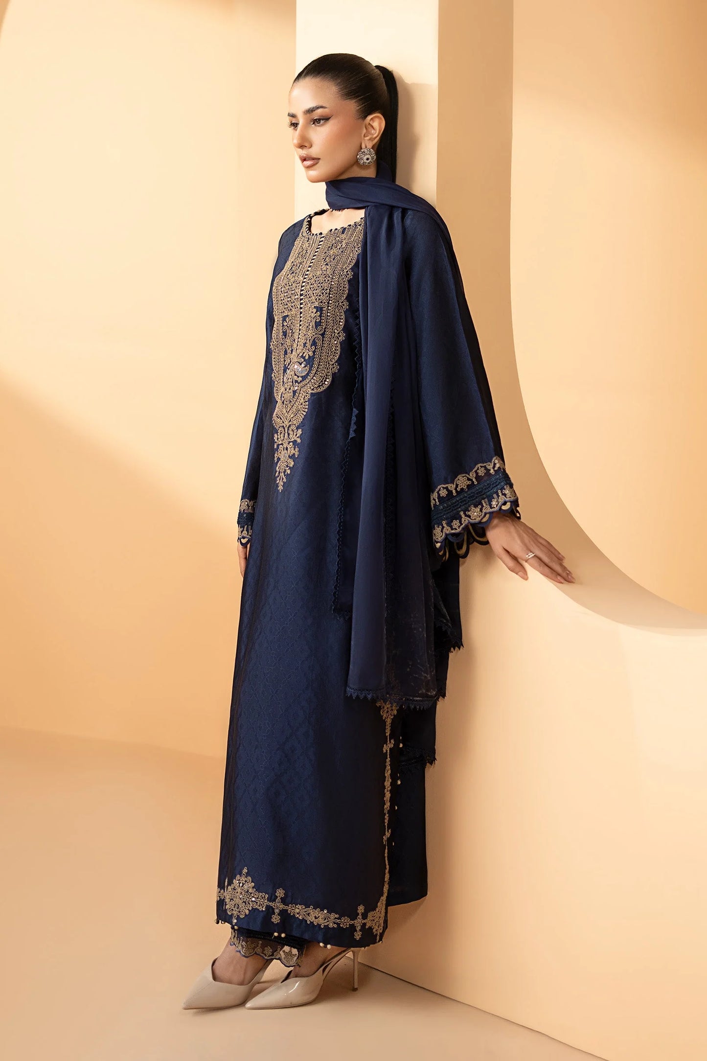MST-EF26-11-Blue | 3 Piece Embroidered Self Tassel Silk Suit | MARIA.B