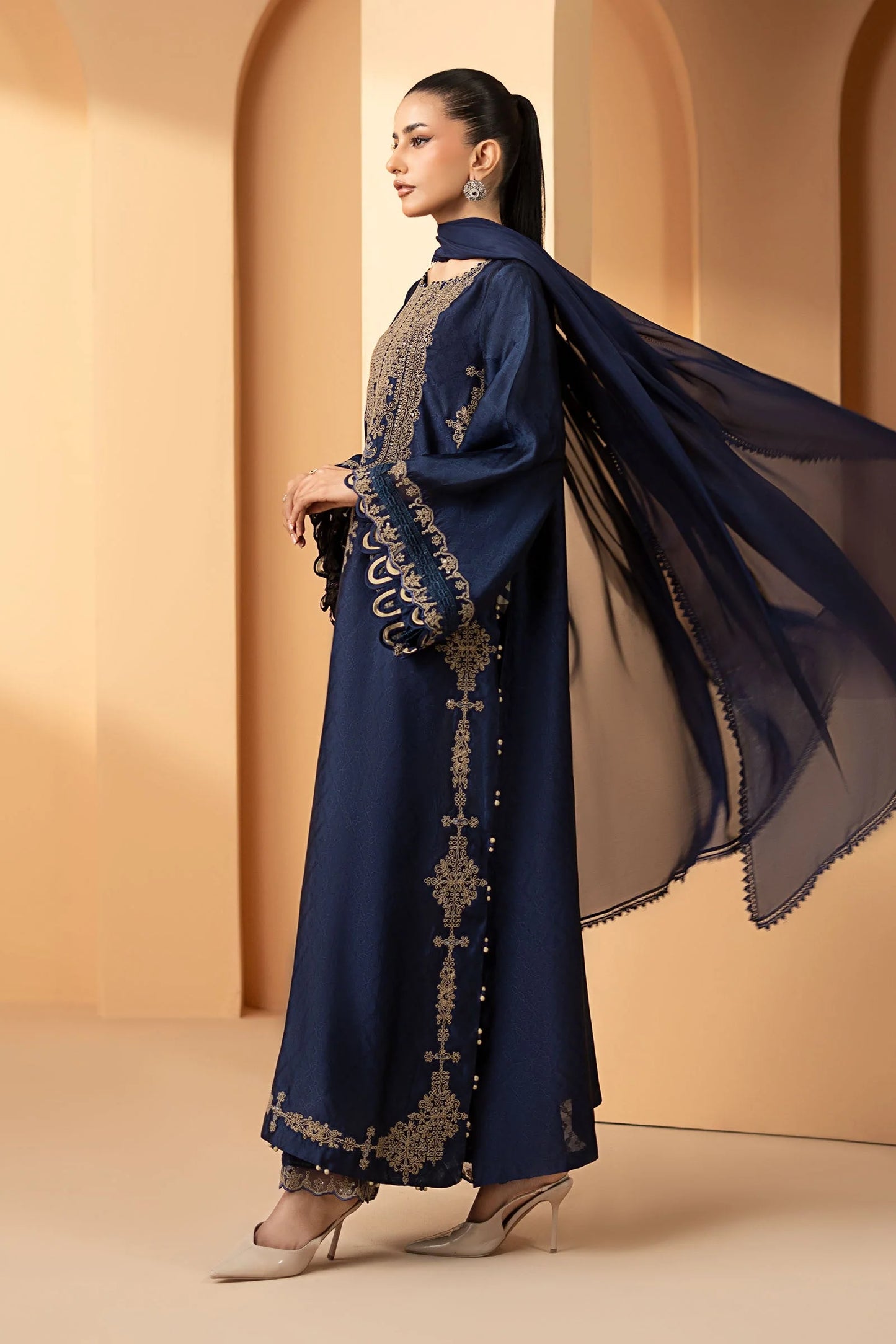 MST-EF26-11-Blue | 3 Piece Embroidered Self Tassel Silk Suit | MARIA.B