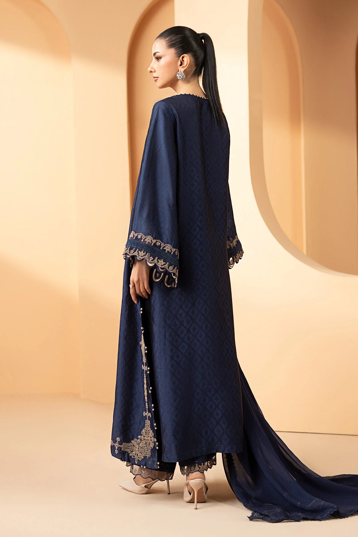 MST-EF26-11-Blue | 3 Piece Embroidered Self Tassel Silk Suit | MARIA.B