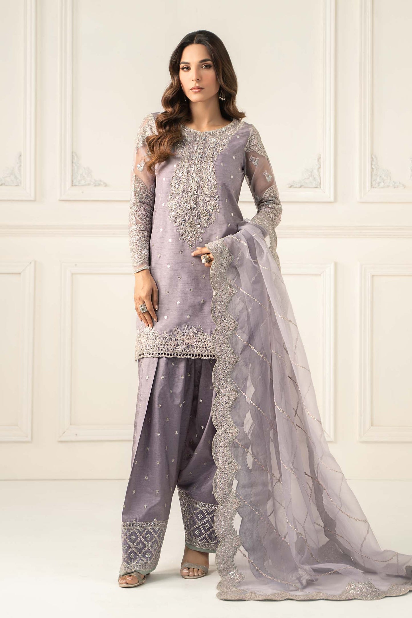 SF-EF25-60R1-Lilac | 3 Piece Embroidered Raw Silk Suit | MARIA.B