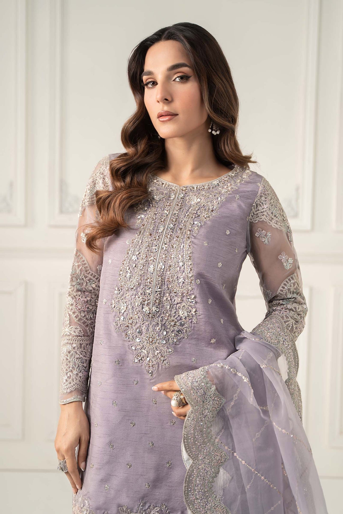 SF-EF25-60R1-Lilac | 3 Piece Embroidered Raw Silk Suit | MARIA.B
