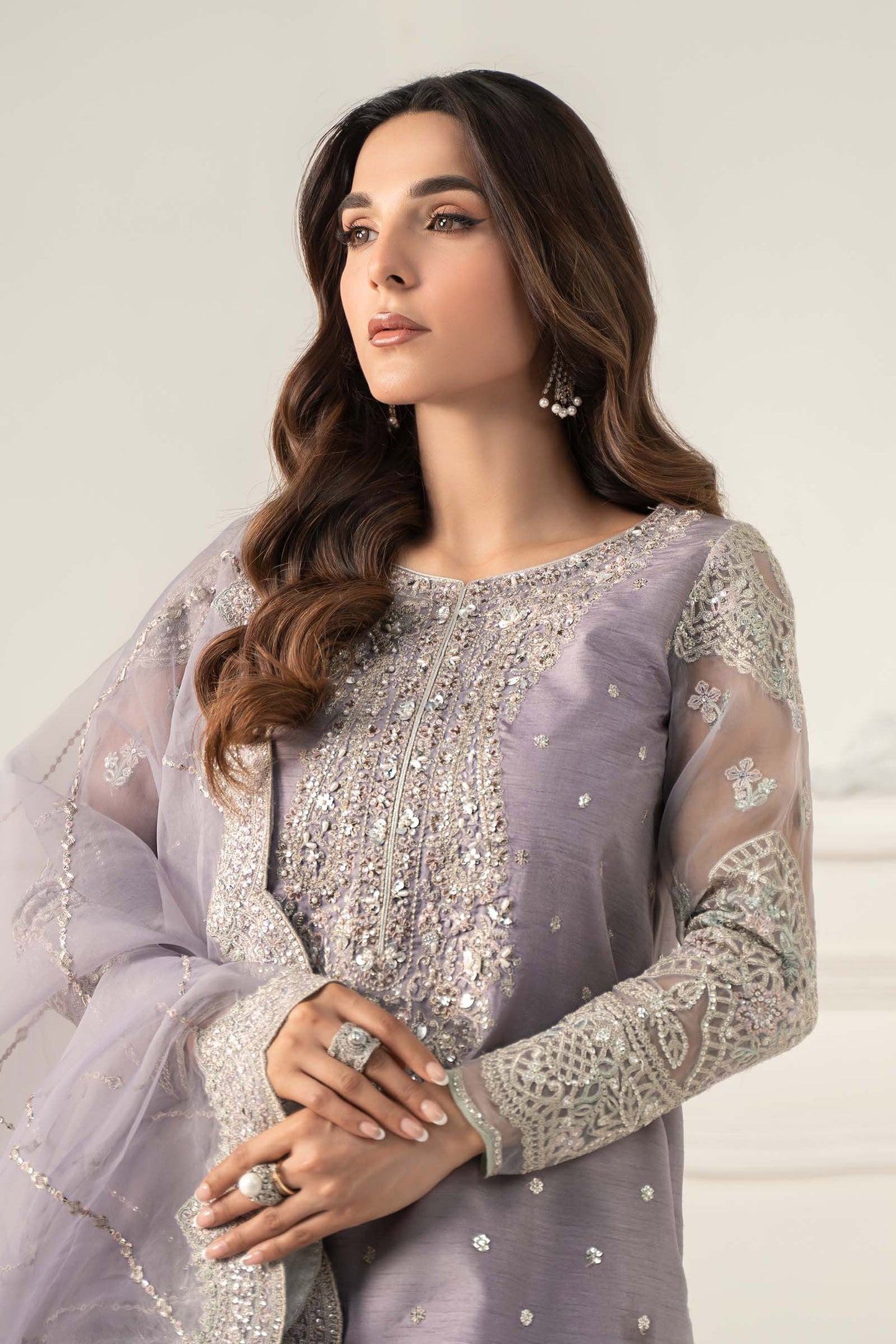 SF-EF25-60R1-Lilac | 3 Piece Embroidered Raw Silk Suit | MARIA.B
