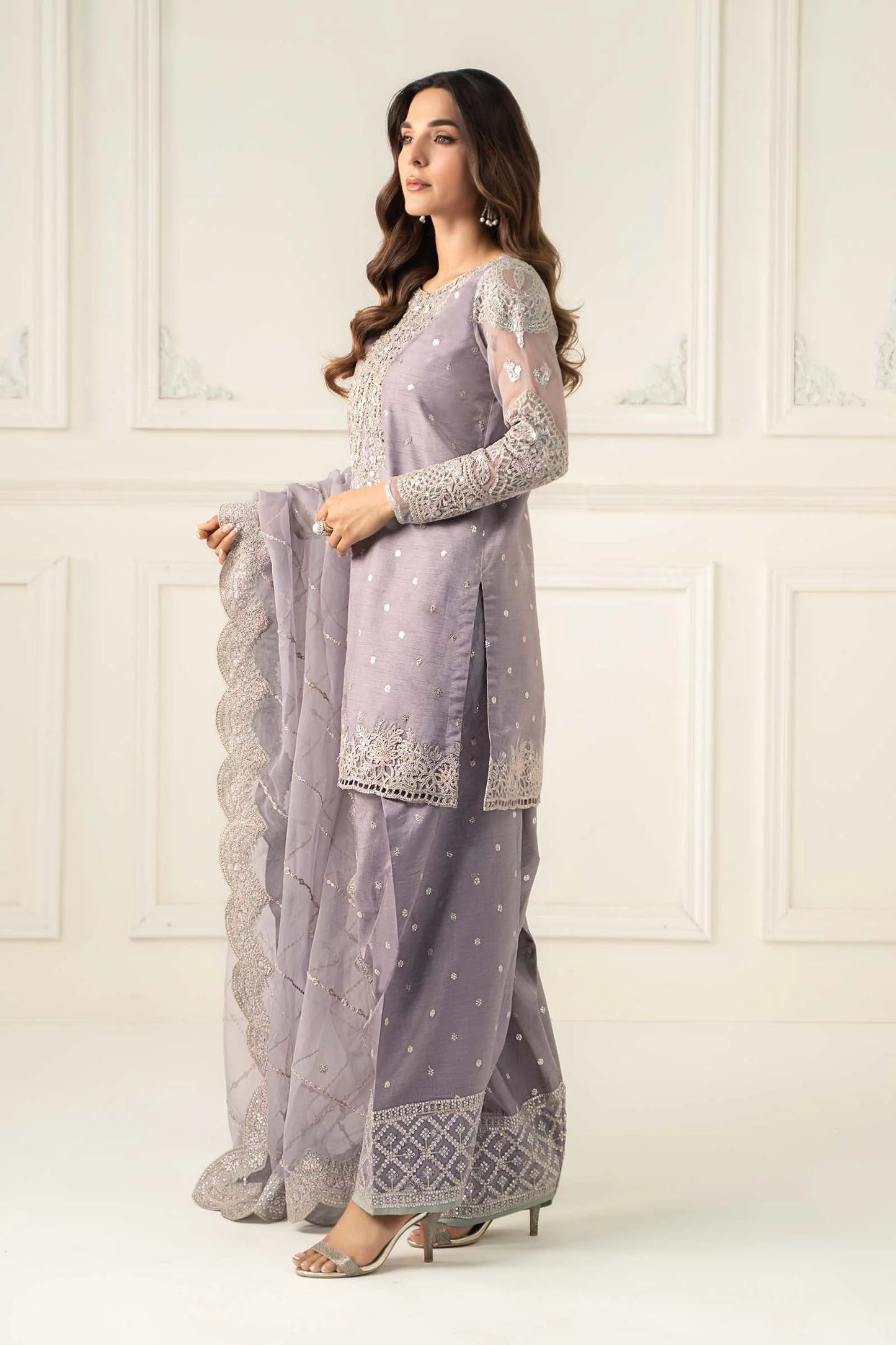 SF-EF25-60R1-Lilac | 3 Piece Embroidered Raw Silk Suit | MARIA.B