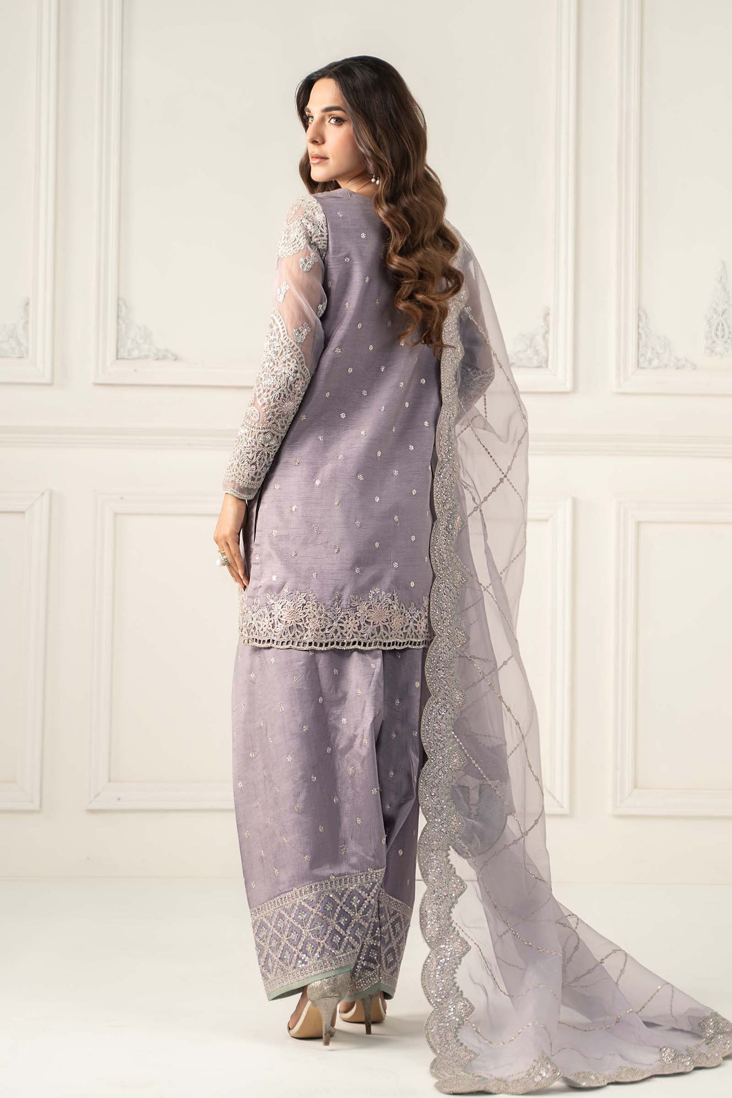 SF-EF25-60R1-Lilac | 3 Piece Embroidered Raw Silk Suit | MARIA.B