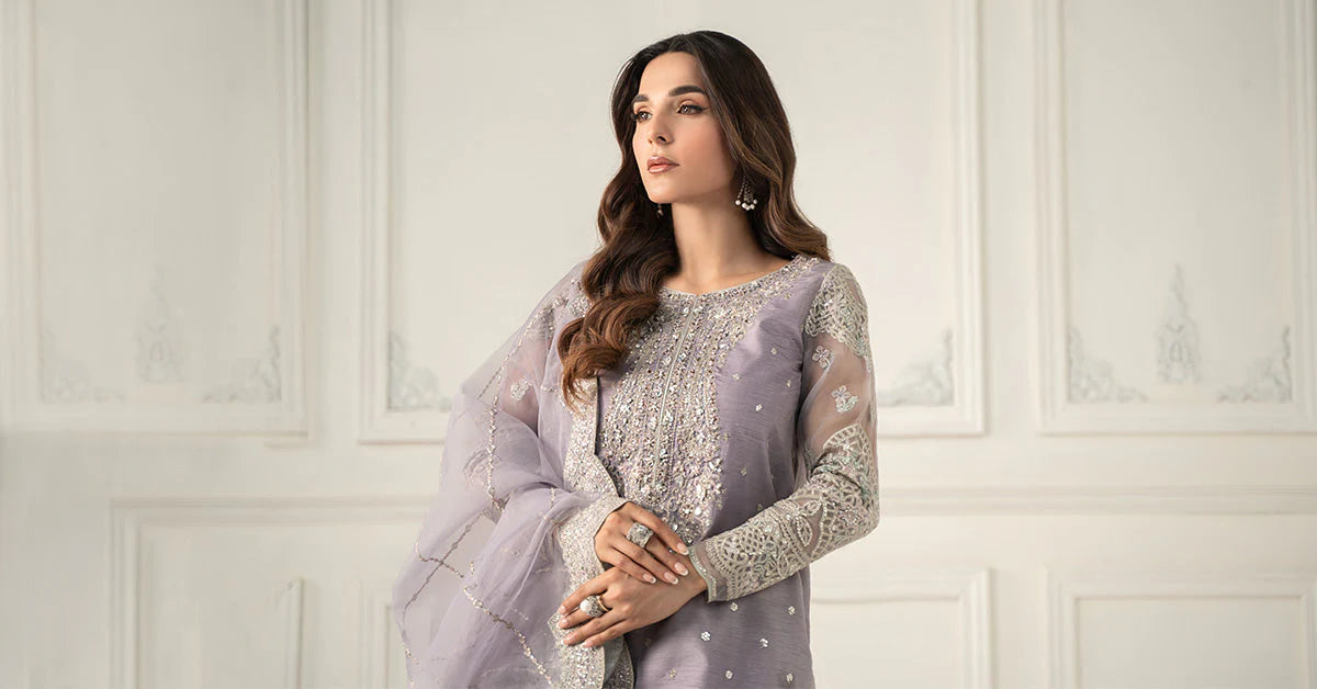 SF-EF25-60R1-Lilac | 3 Piece Embroidered Raw Silk Suit | MARIA.B