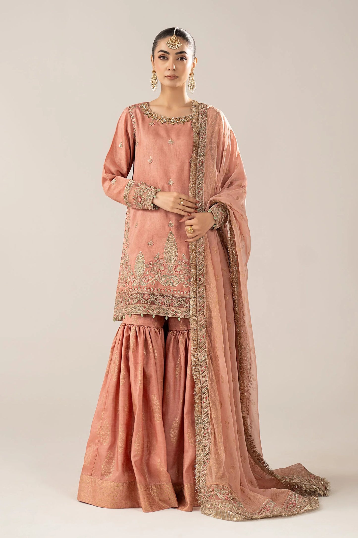 SF-EF26-28-Peach | 3 Piece Embroidered Raw Silk Suit | MARIA.B