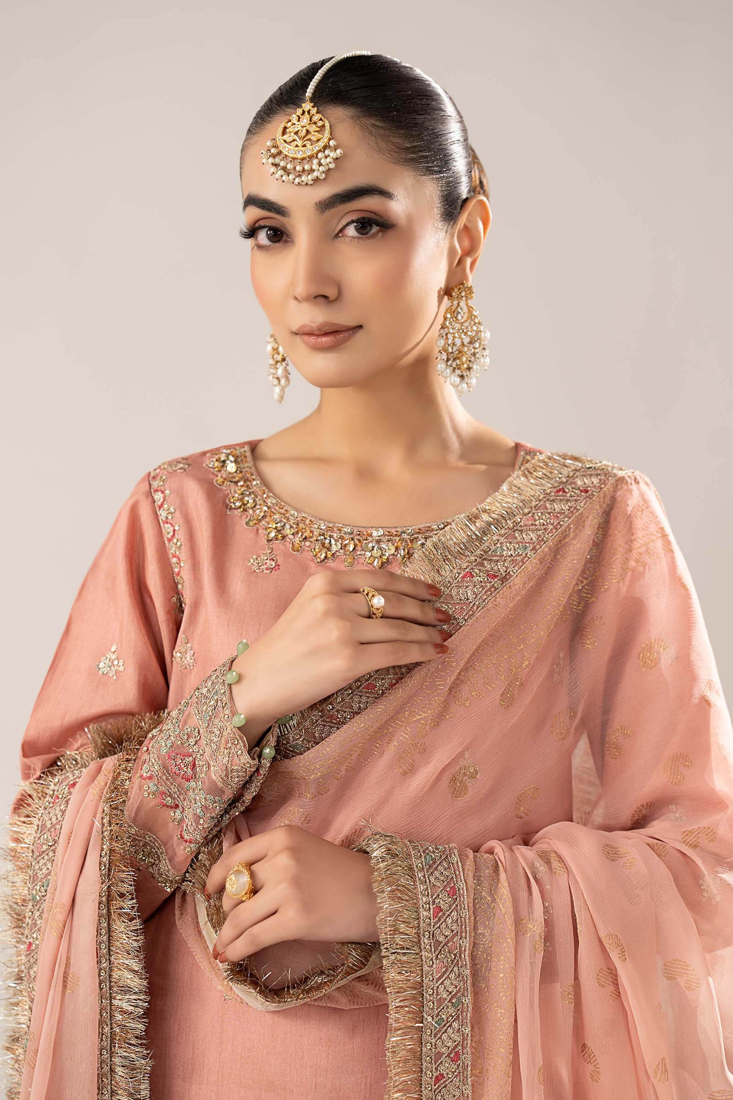 SF-EF26-28-Peach | 3 Piece Embroidered Raw Silk Suit | MARIA.B