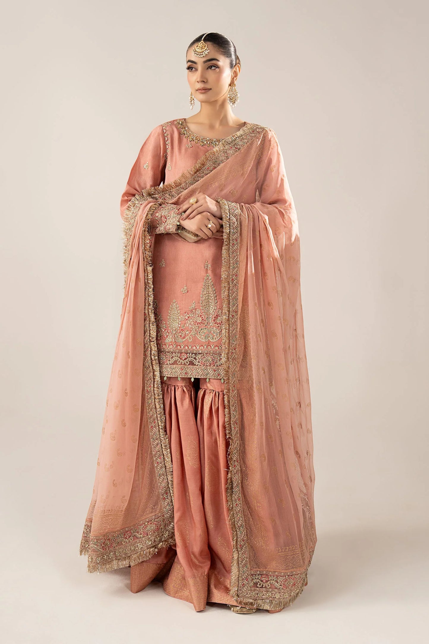SF-EF26-28-Peach | 3 Piece Embroidered Raw Silk Suit | MARIA.B