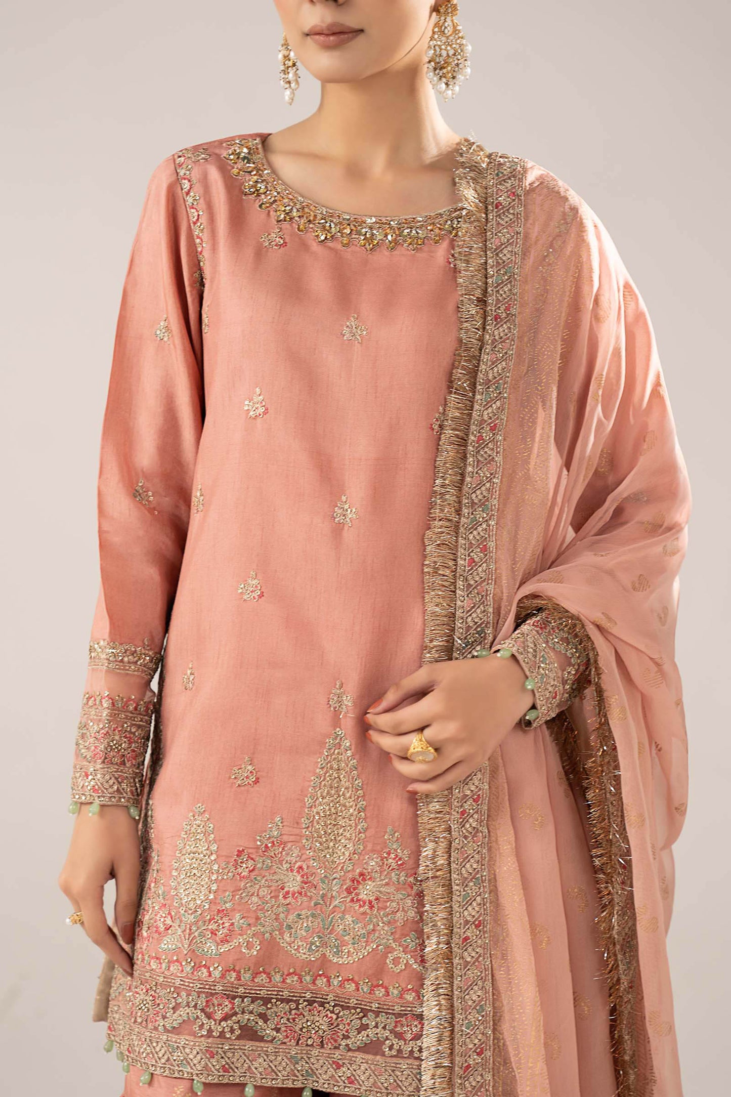 SF-EF26-28-Peach | 3 Piece Embroidered Raw Silk Suit | MARIA.B