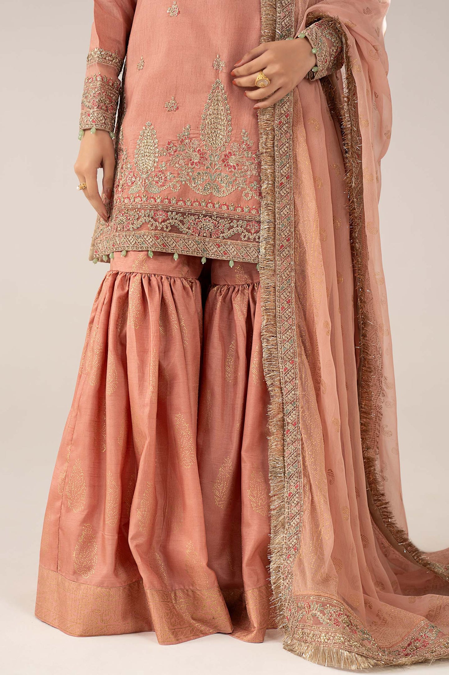 SF-EF26-28-Peach | 3 Piece Embroidered Raw Silk Suit | MARIA.B
