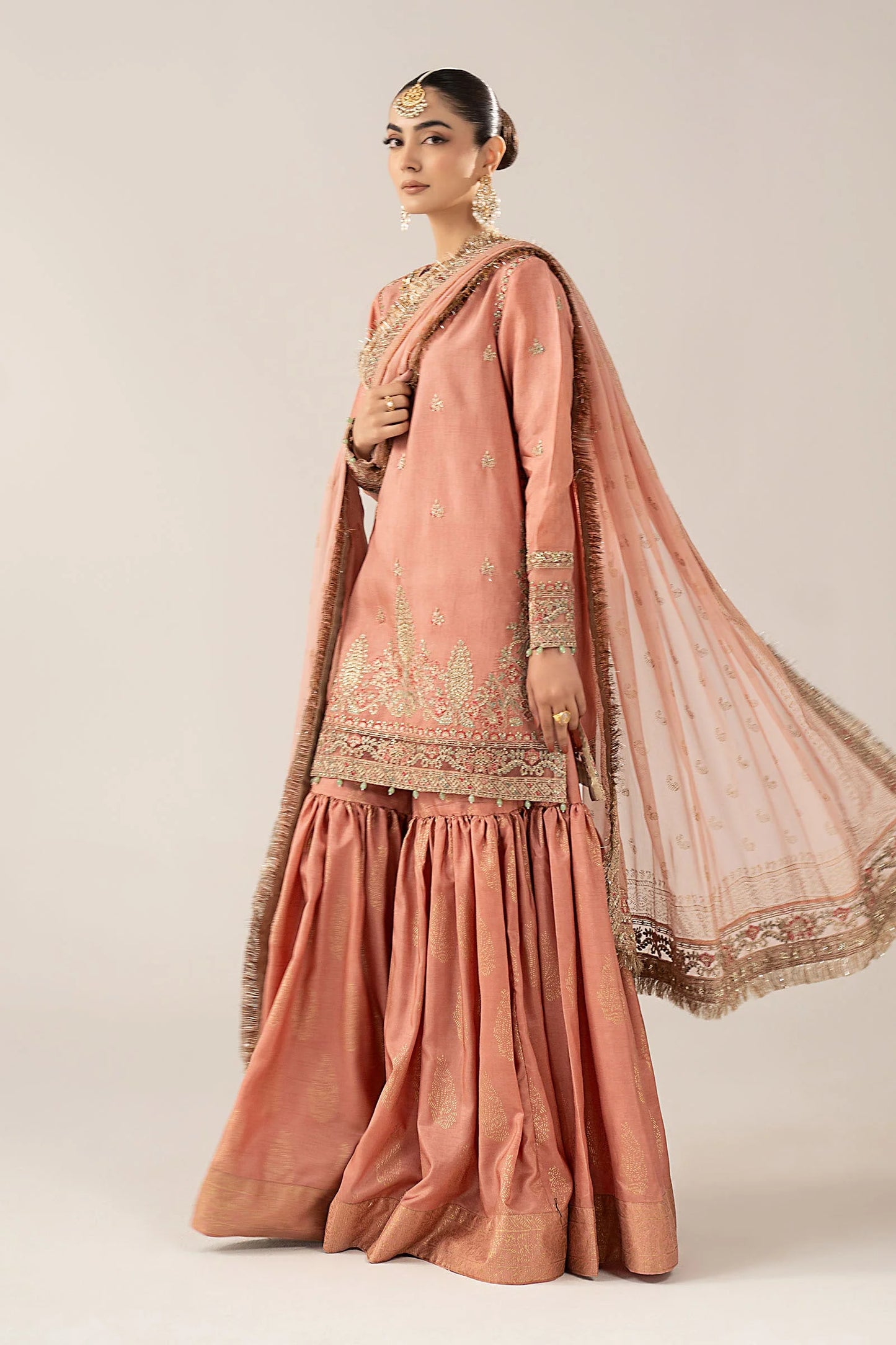 SF-EF26-28-Peach | 3 Piece Embroidered Raw Silk Suit | MARIA.B