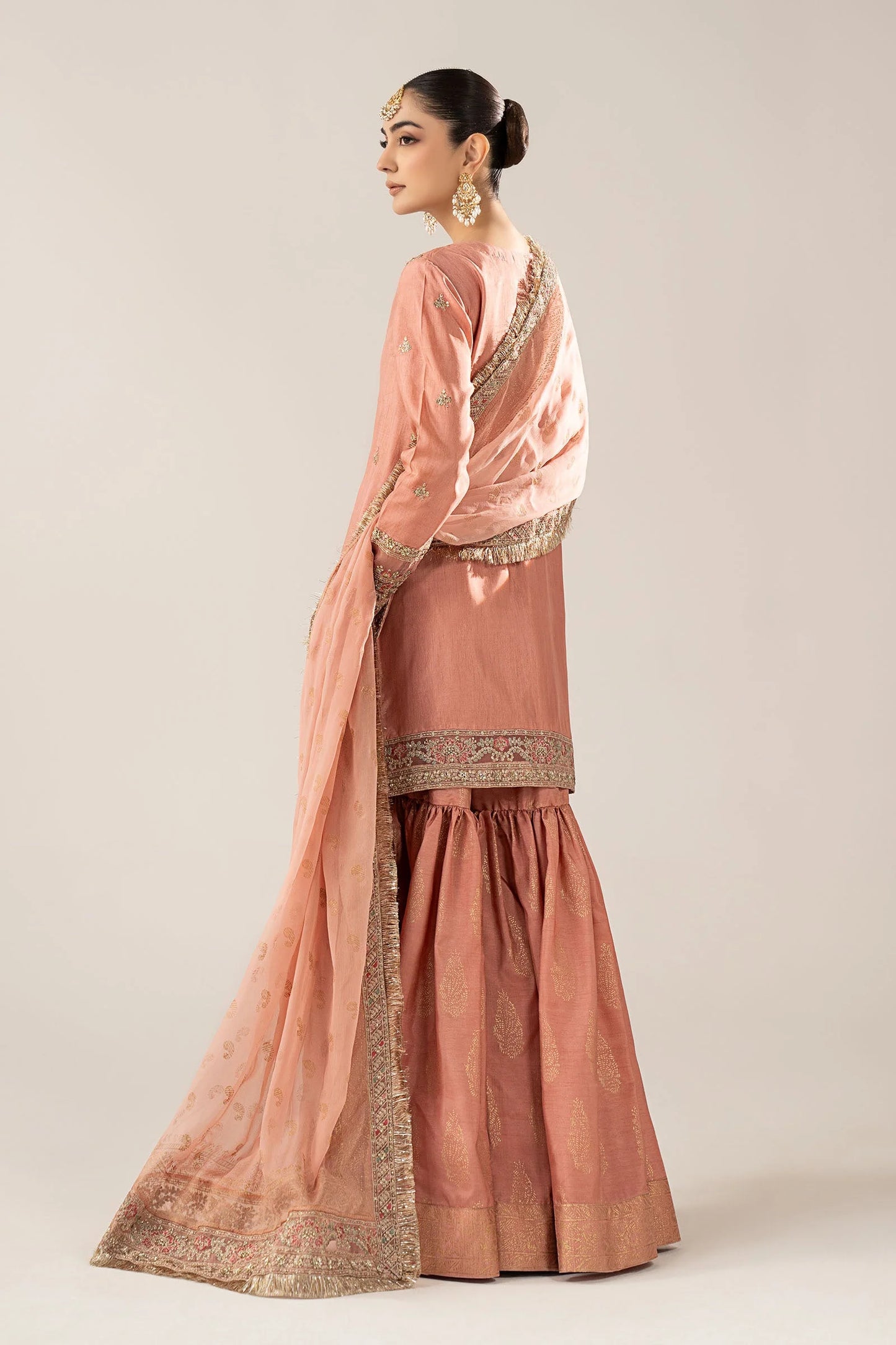 SF-EF26-28-Peach | 3 Piece Embroidered Raw Silk Suit | MARIA.B